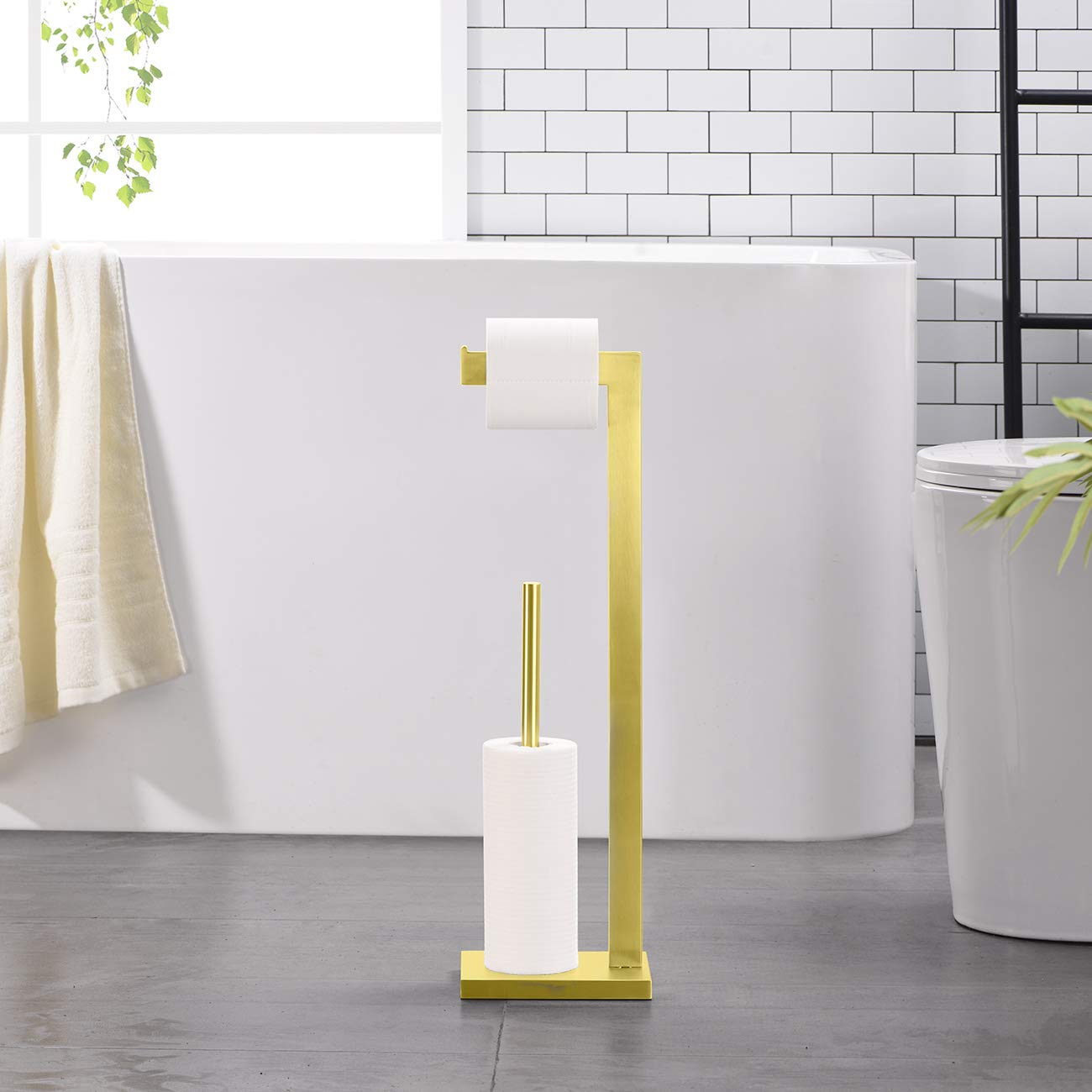 Free Standing Toilet Paper Holder Stand with Storage - SUS 304 Stainless Steel Brushed Gold Bathroom Organizer (TPS104S2-BG) | Perfect for Modern Bathrooms, Powder Rooms & Guest Suites
