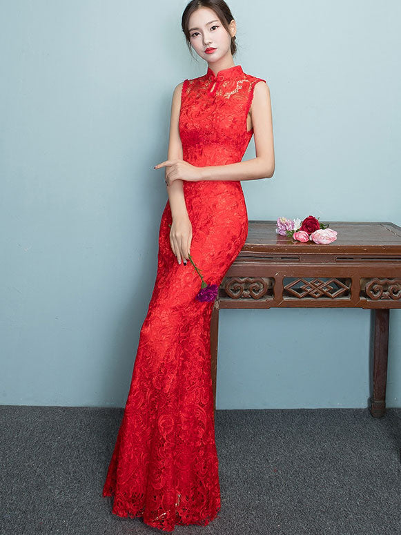 Elegant Red Lace Mermaid Cheongsam Dress - Vintage Chinese Qipao for Weddings, Parties & Special Occasions | Perfect for Bridal Shower, Evening Gala & Cultural Events