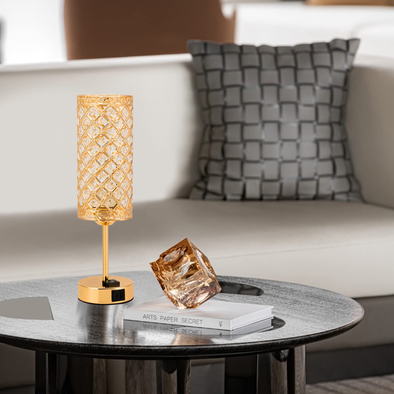 Modern USB Crystal Table Lamp with Gold Finish - 3-Way Dimmable LED Nightstand Light, USB A+C Charging Ports & Multiple Outlets - Perfect for Bedroom, Living Room, Sofa Table & Office Desk Decor
