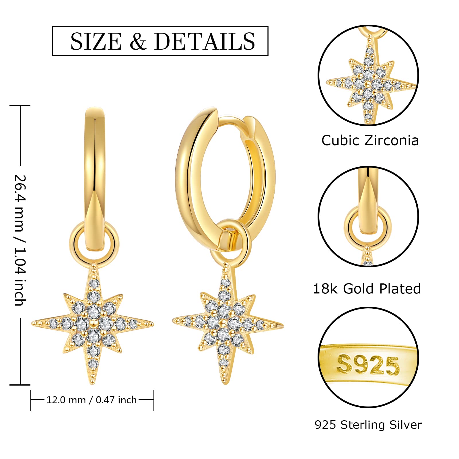 925 Sterling Silver Sparkling Star Earrings - CZ Star Drop Dangle Hoop Earrings Gold Plated for Women | Elegant Jewelry Gift for Birthday, Christmas, Anniversary | Perfect for Parties, Weddings, Date Nights