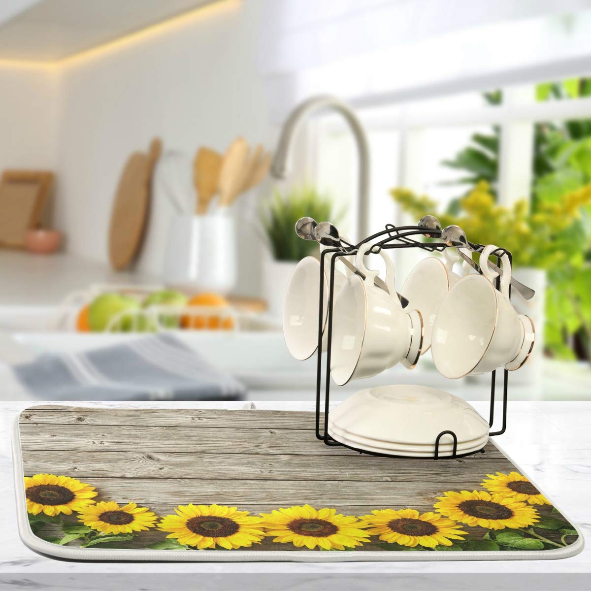 Sunflower Dish Drying Mat - Absorbent Microfiber Kitchen Pad 24x18