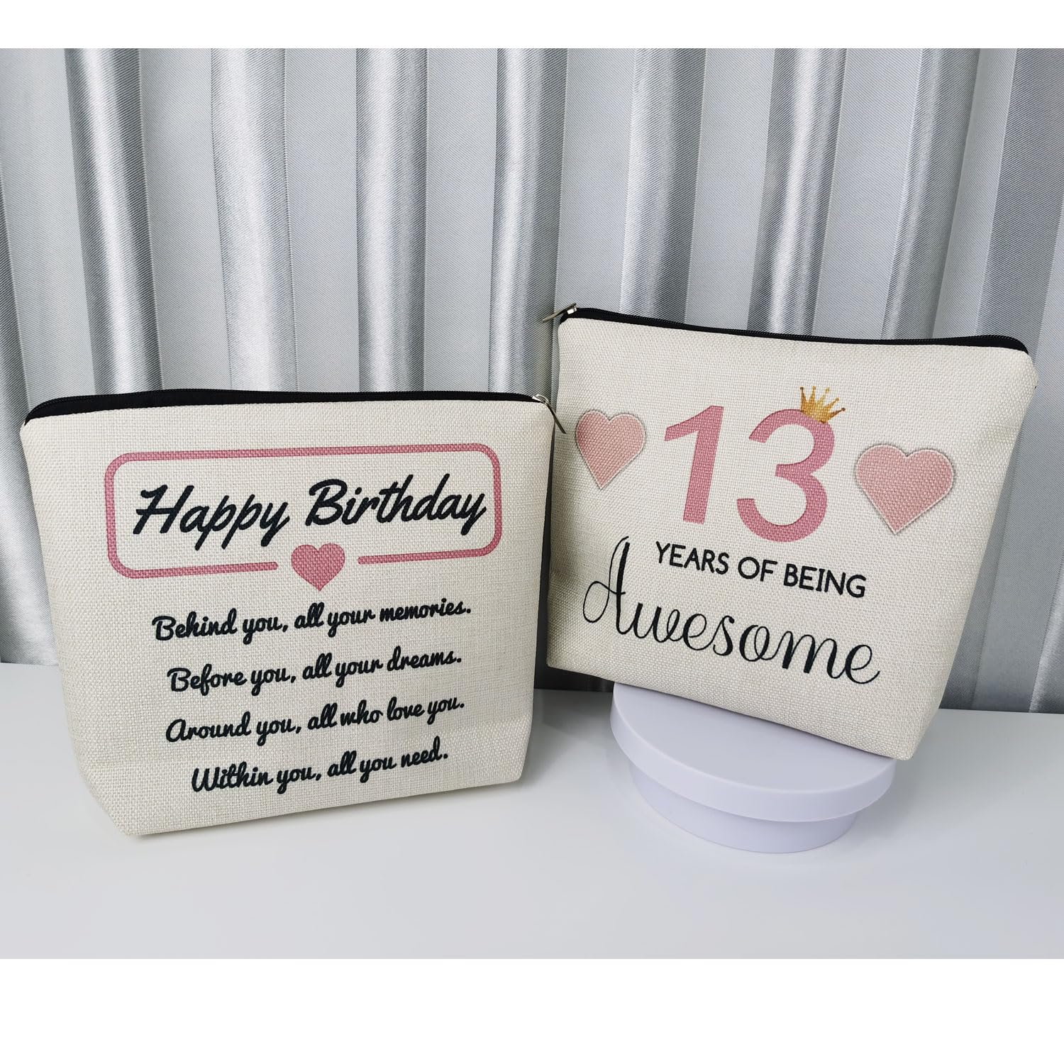 13th Birthday Makeup Bag for Girls - Cute Small Cosmetic Travel Toiletry Zipper Pouch - Perfect Gift for 13-Year-Old Friends, Sisters & BFF - Pink Birthday Present - Great for School, Sleepovers & Travel