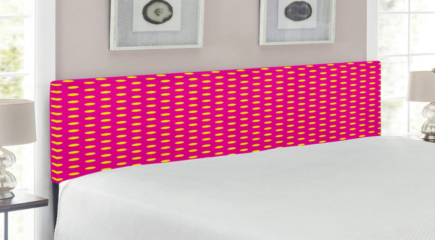 Lunarable Polka Dot Headboard - Vibrant Hot Pink & Yellow Upholstered Metal Bed Headboard with Memory Foam, King Size | Traditional Vertical Dots Design | Perfect for Modern Bedroom Decor, Guest Rooms & Master Suites