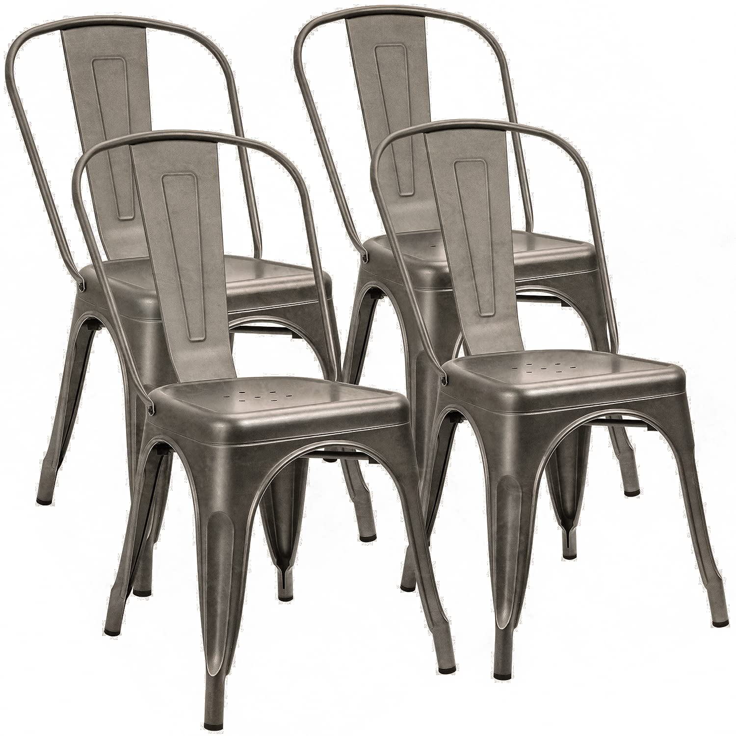 Furniwell 4-Piece Stackable Metal Dining Chairs Set - Indoor Outdoor Use, Industrial Tolix Style for Kitchen, Dining Room, Bistro & Cafe - Gun Metal Finish | Perfect for Home, Restaurant & Commercial Use