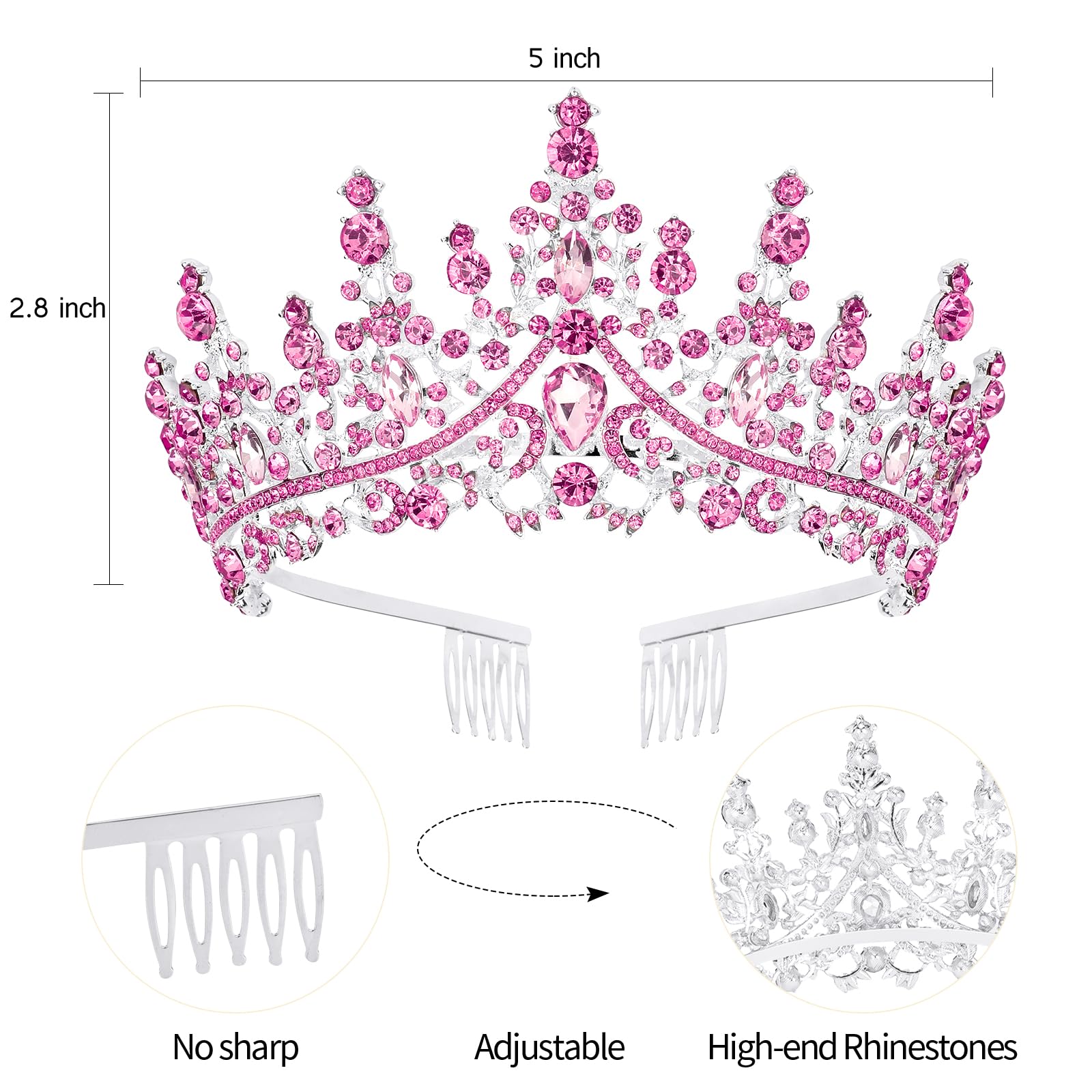 Pink Crystal Birthday Tiara Crown for Women & Girls - Elegant Princess Crown with Combs | Birthday Party Headband, Cake Topper & Hair Accessories | Perfect for Birthday Celebrations, Princess Themed Parties & Special Occasions