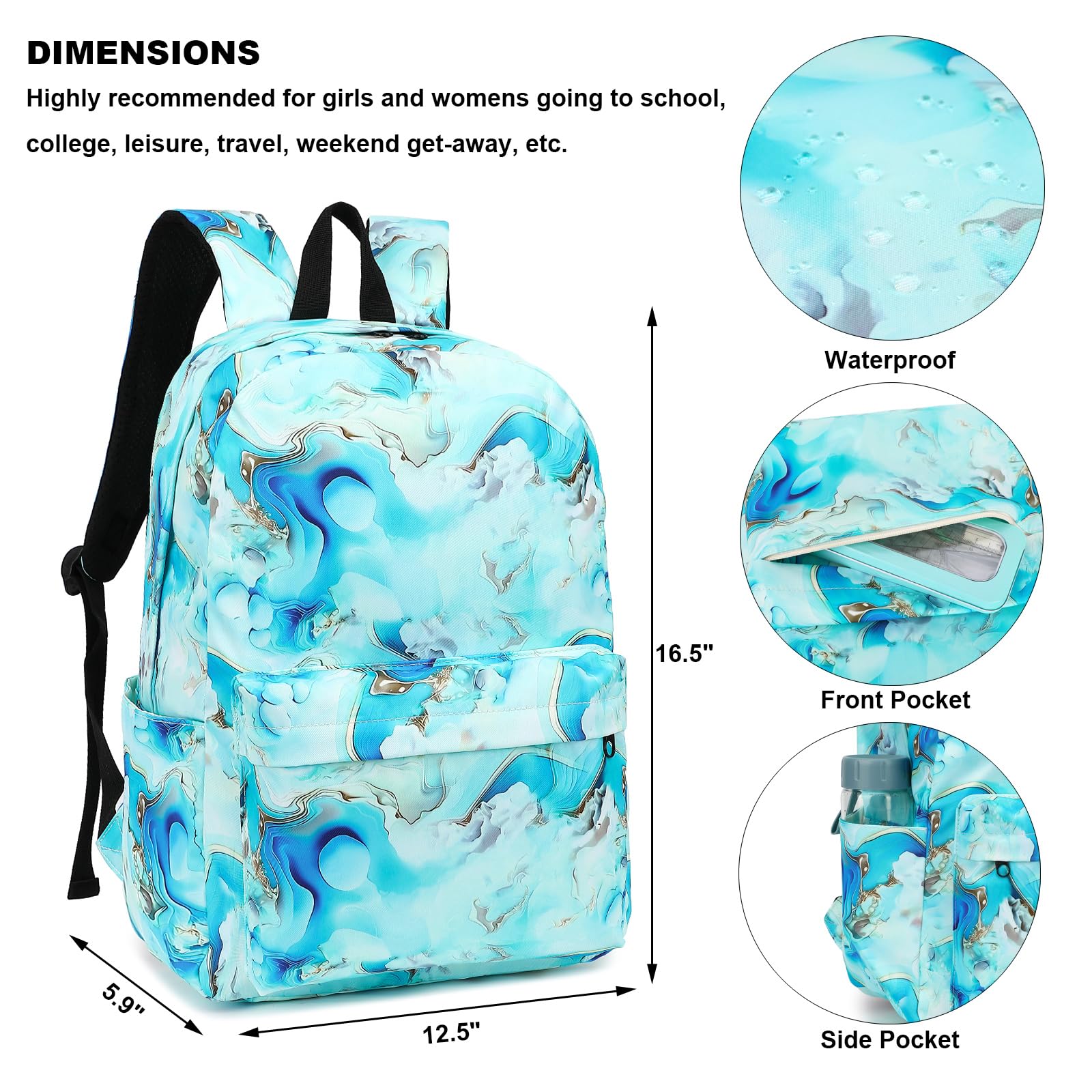 Stylish Marble Print Backpack for Girls & Women - Durable School Bag, College Bookbag & Laptop Backpack for Teens & Adults (Green) - Perfect for School, Work, Travel & Daily Commute