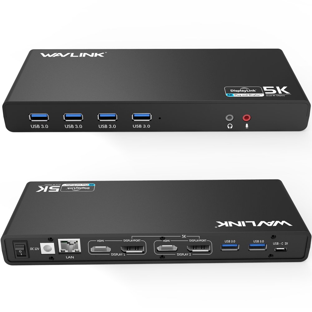 WAVLINK USB-C Docking Station with 2X HDMI & DisplayPort, 5K & Dual 4K Display, 6xUSB 3.0 Ports, Gigabit Ethernet, Audio/Mic - Compatible with Mac OS & Windows Laptops - Perfect for Home Office & Multi-Monitor Setup