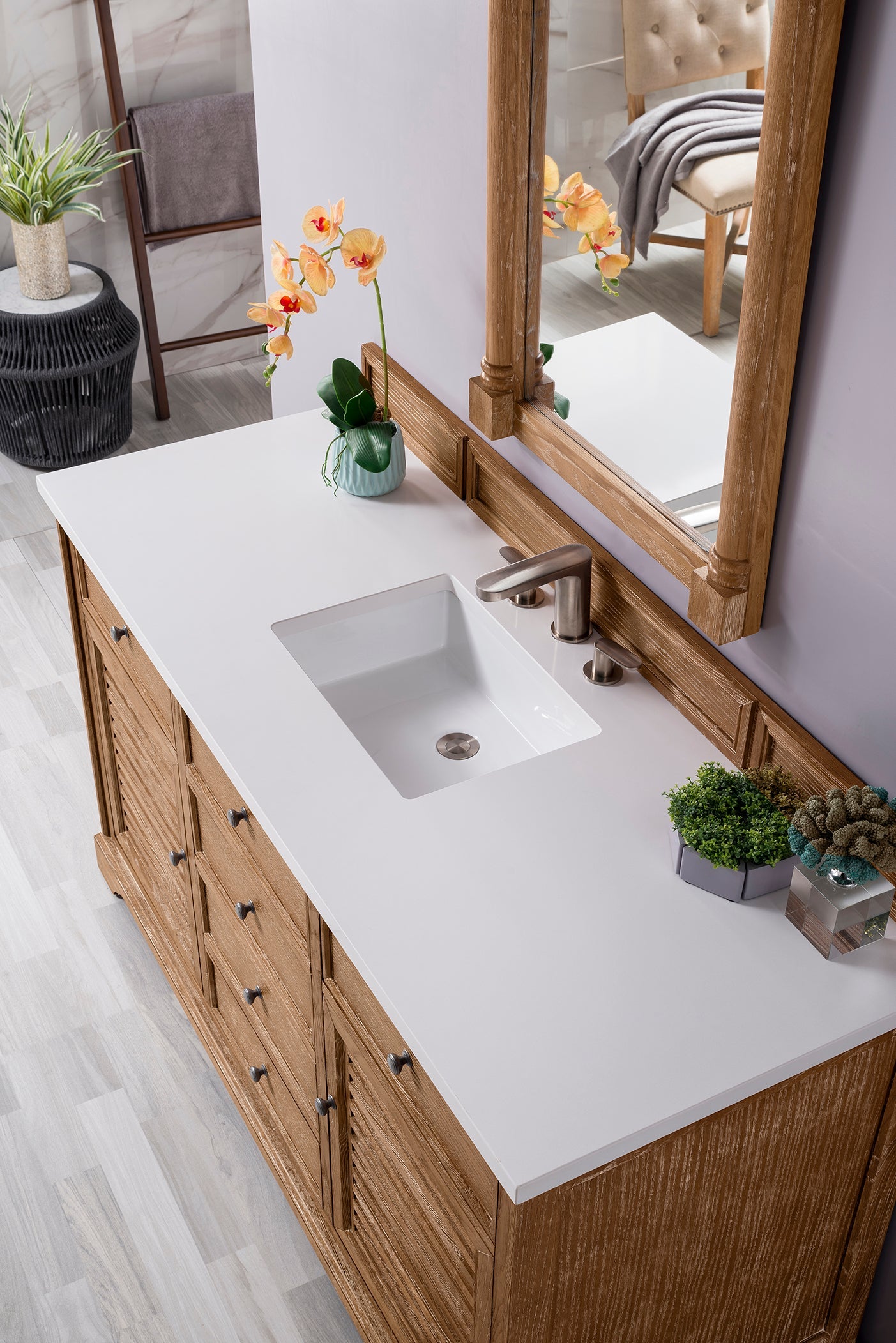 Savannah 48 Inch Single Bathroom Vanity Cabinet in Driftwood Finish with 3CM Classic White Quartz Countertop - Perfect for Modern Master Bathrooms & Guest Powder Rooms