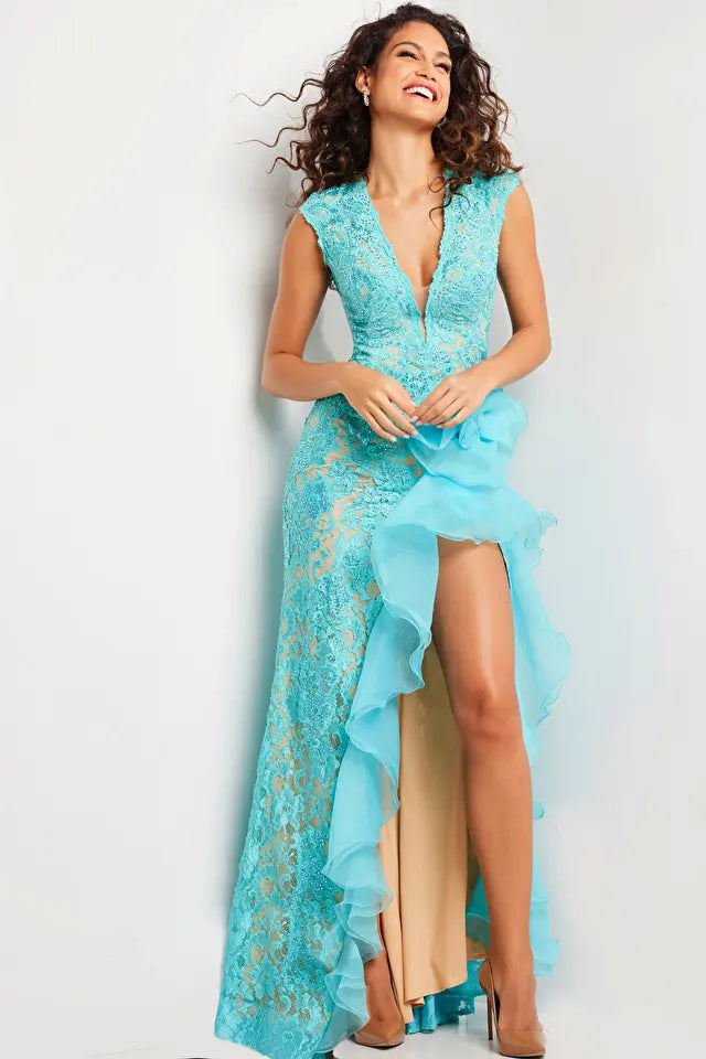 Jovani 38668 Emmy Lace Beaded High Slit Ruffle Gown - Elegant Evening Dress for Prom, Wedding & Formal Events