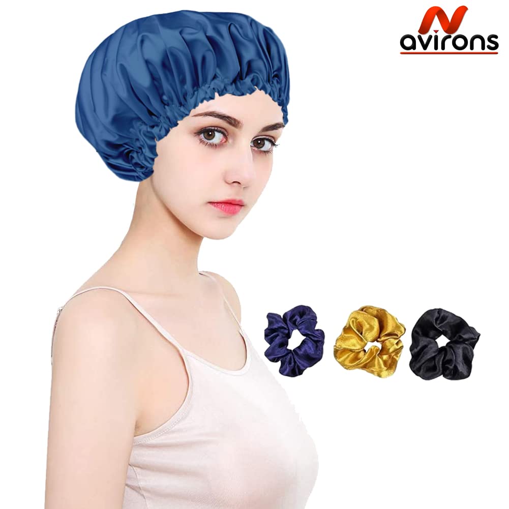 Avirons Silk & Satin Sleep Bonnet for Women - Adjustable Hair Cap with Free 3 Scrunchies | Soft Night Hair Protection for Curly, Natural & Damaged Hair | Perfect for Travel & Bedtime (Purple)