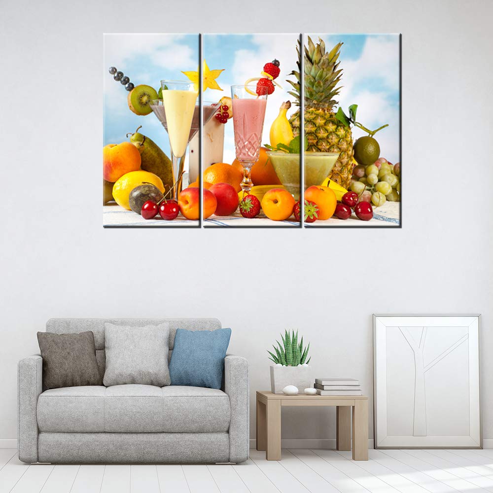 Vibrant Canvas Wall Art - Summer Fruits Painting, Fresh Food & Dessert Print, Modern Home Decor for Living Room, Blue Skyline Design, Wooden Framed Ready to Hang 3-Panel Set (42Wx28H inches) - Perfect for Kitchen, Dining Room or Bedroom Decoration