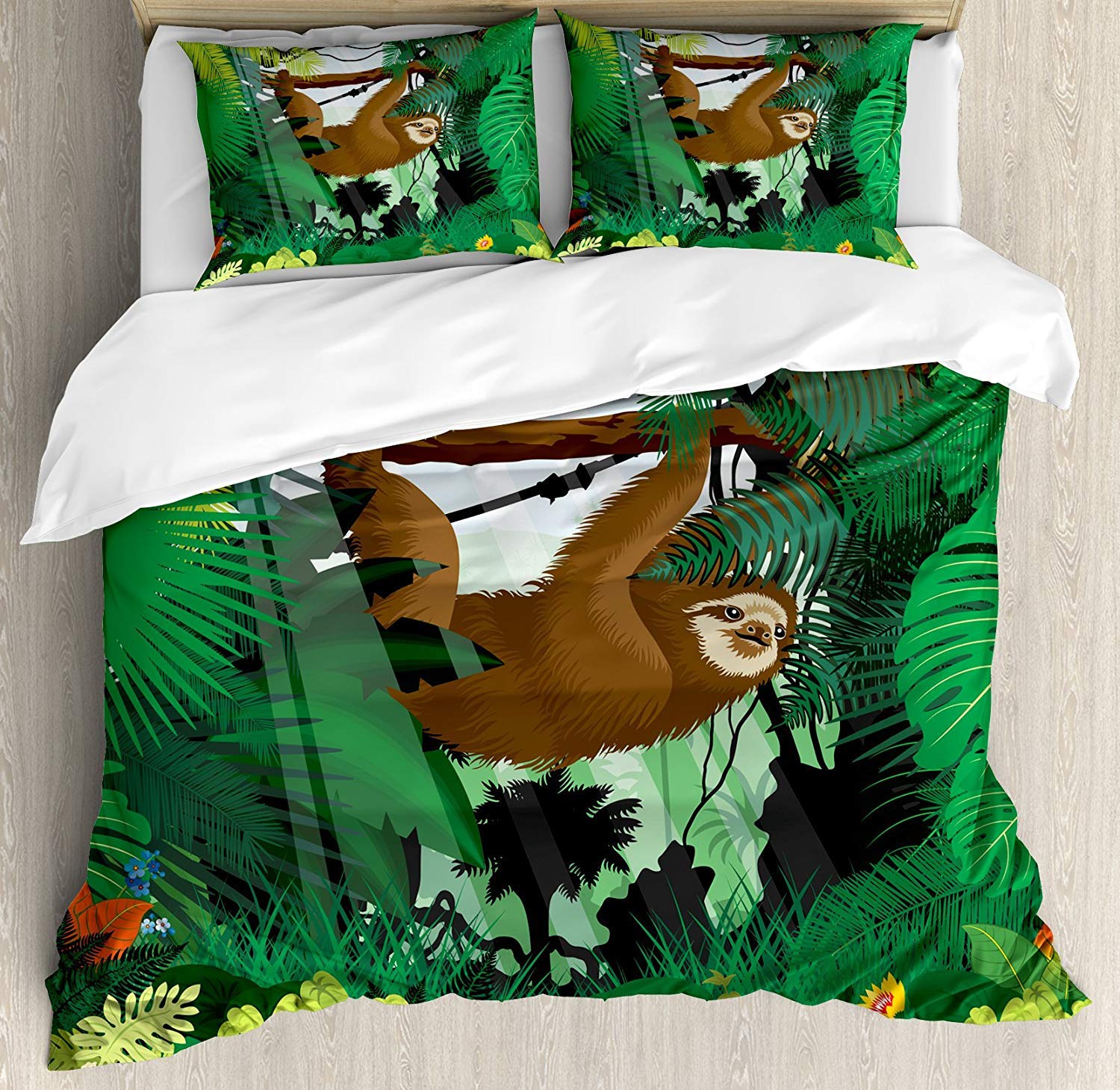 3 Piece Sloth King Size Bedding Set - Vibrant Exotic Rainforest Wildlife Duvet Cover with 2 Pillow Shams | Soft Comfortable Bed Sheets for Jungle Themed Bedroom Decor, Perfect for Kids & Adults