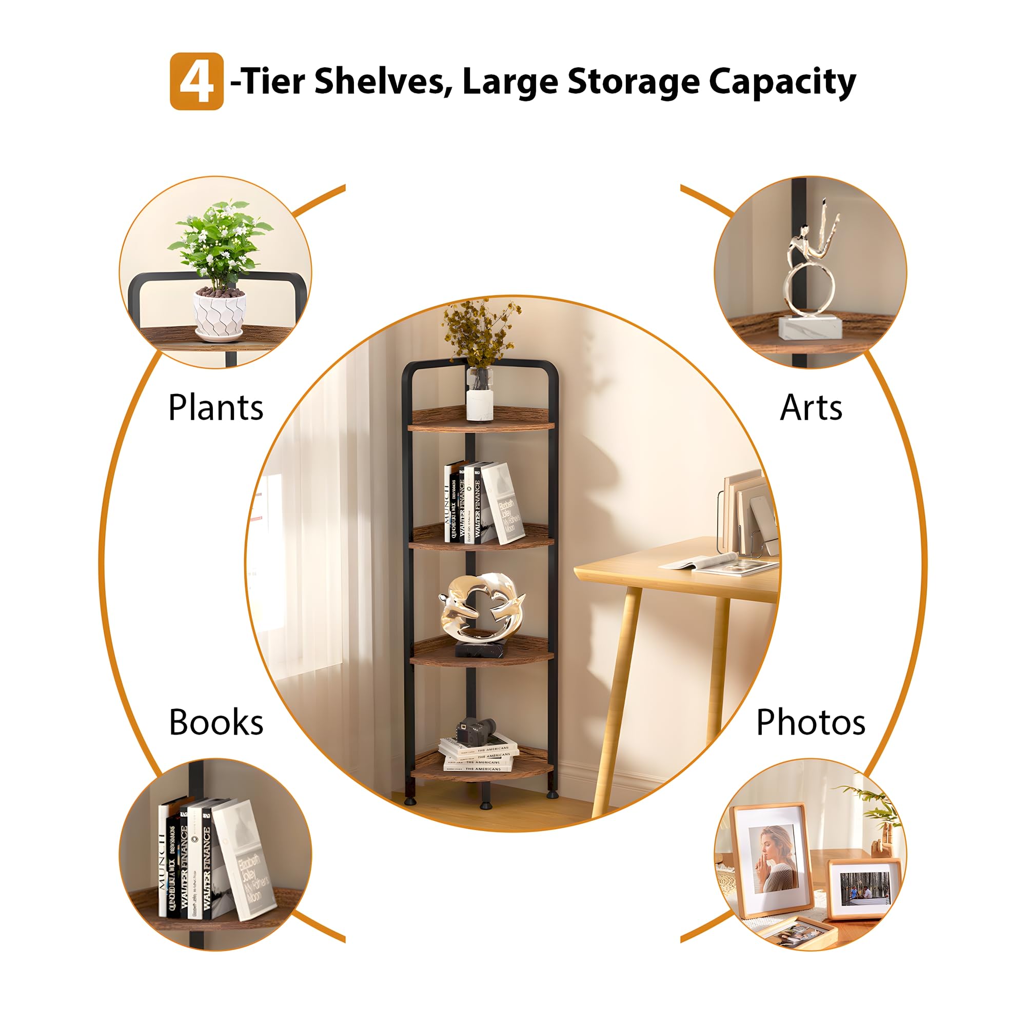 4-Tier Corner Shelf Stand - Rustic Brown Metal Frame Multi-Purpose Display & Storage Unit for Books, Plants & Decor | Perfect for Living Room, Home Office & Small Spaces