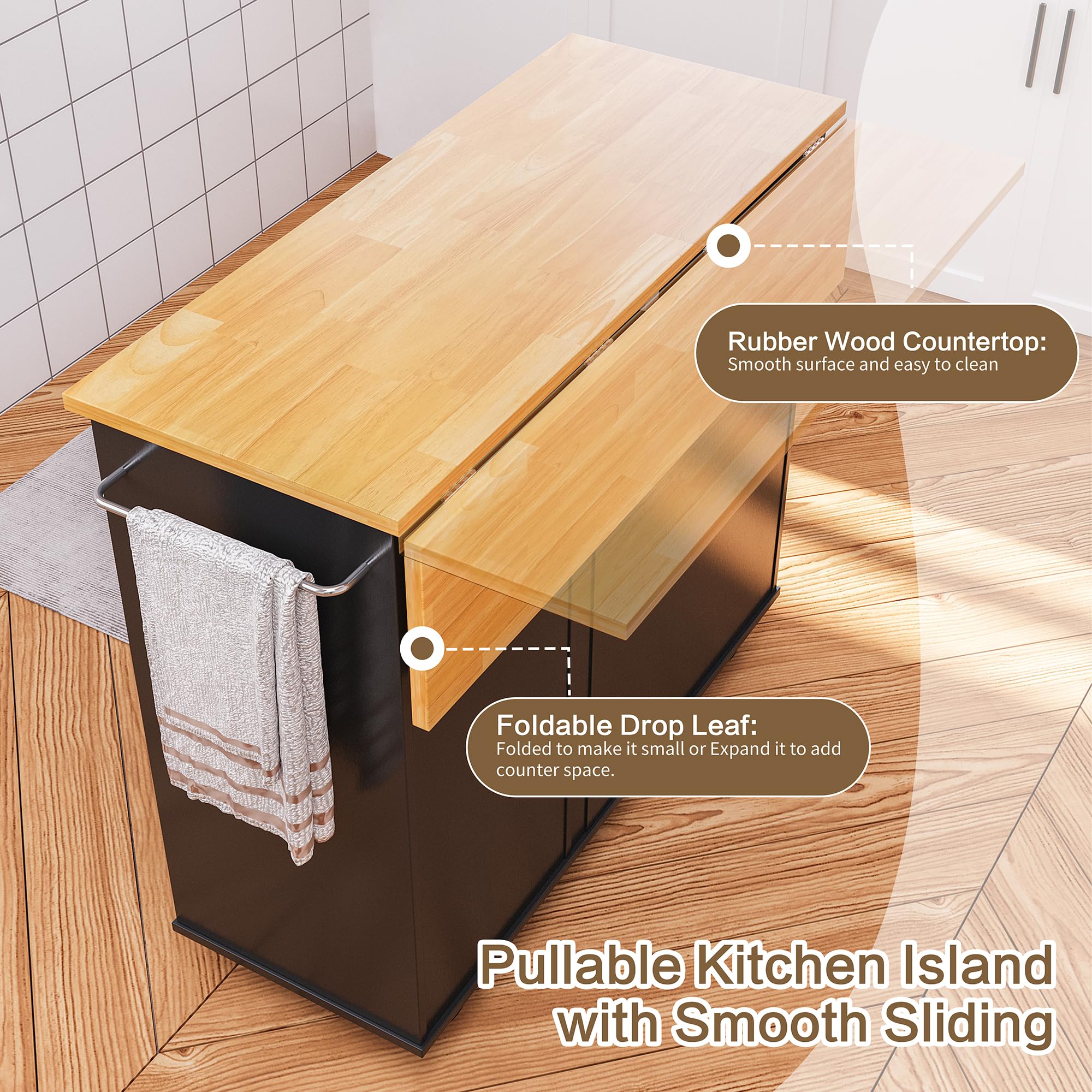 SUNLEI 39.7-Inch Rolling Kitchen Island with Storage Cabinet, Foldable Drop Leaf & Towel Rack Handle - Portable Mobile Kitchen Cart for Small Spaces, Dining Extension, Food Prep & Extra Counter Space (Classic Black)
