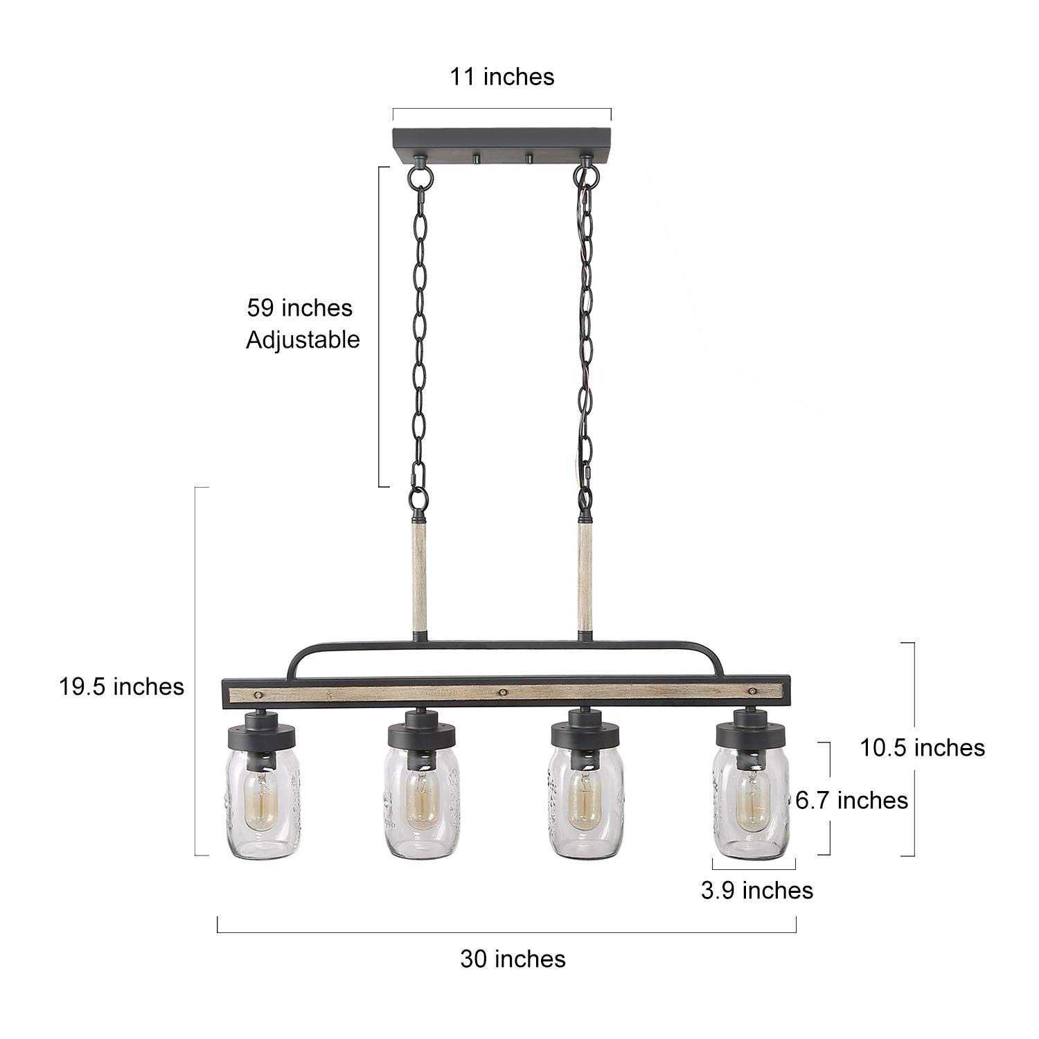Rustic Mason Jar Lights - Farmhouse Chandelier with Metal Finish & Glass Shades, Linear Hanging Pendant for Kitchen Island, Dining Room, Bar, Patio & Outdoor Decor