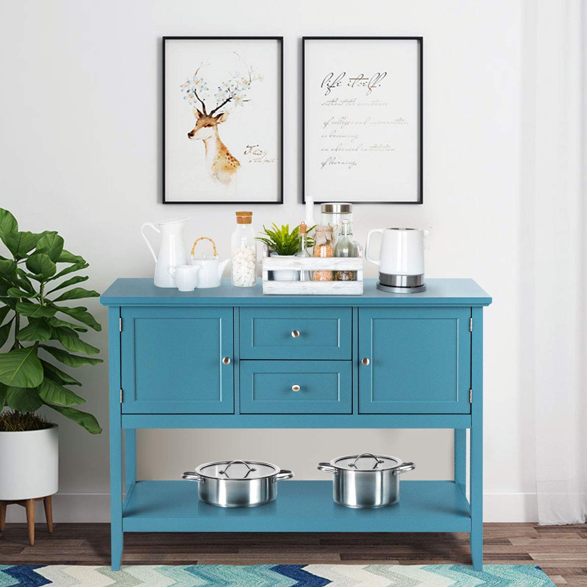 Giantex Wood Buffet Sideboard Storage Cabinet - 2 Drawers & Shelves, Kitchen Dining Room Console Table - Aqua Blue | Perfect for Living Room Storage, Buffet Serving & Home Organization