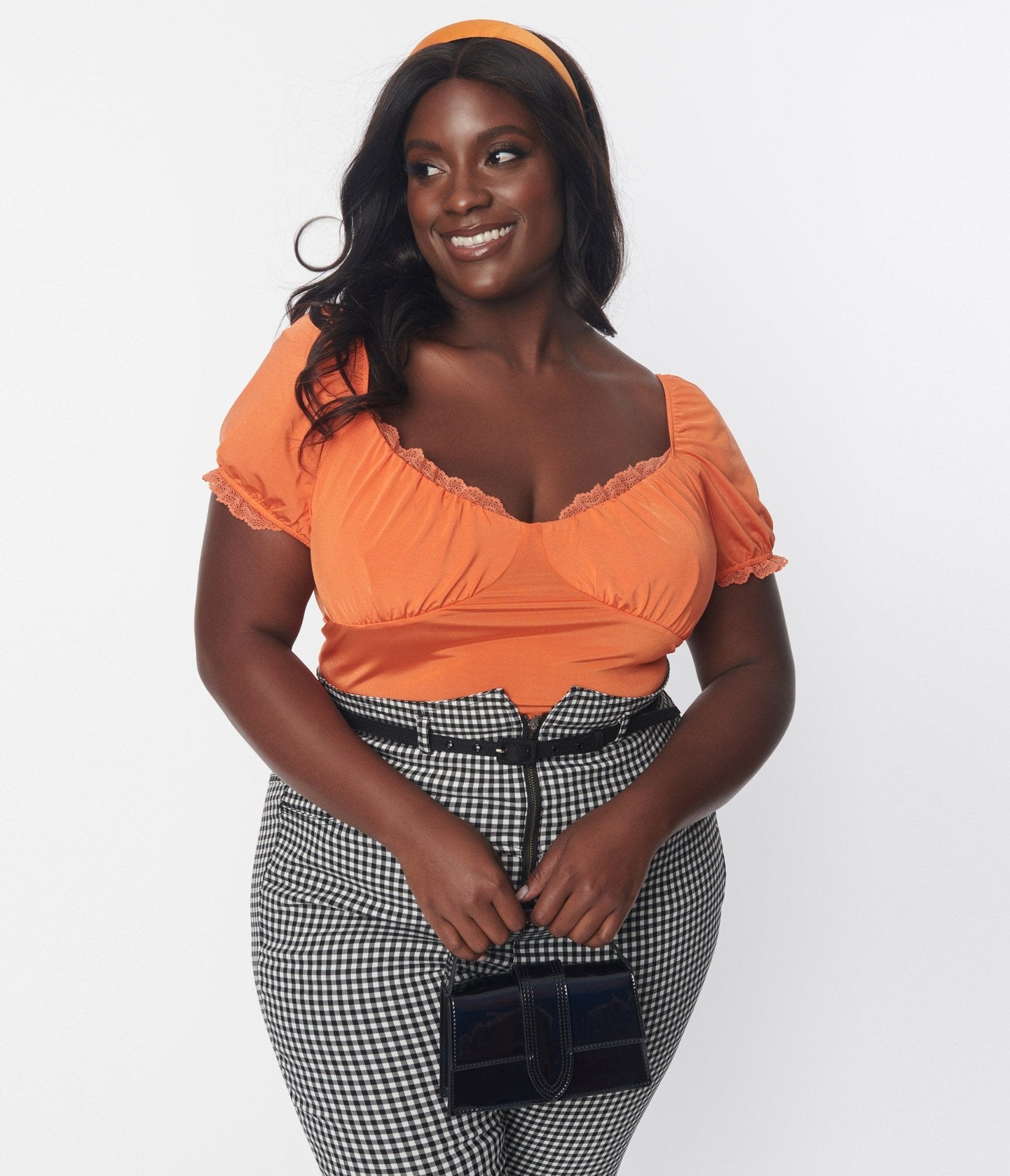 Plus Size Tangerine Lace Trim Puff Sleeve Blouse for Women - Flowy Boho Chic Top for Casual Wear, Date Night & Office Outfits