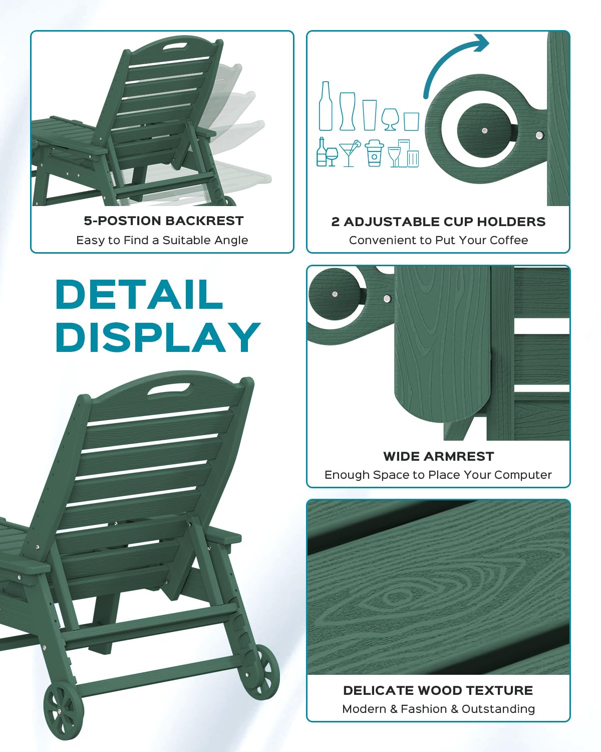 5-Position Adjustable Outdoor Chaise Lounge Chair with Wheels & Double Cup Holders - Wood Texture Patio Poolside Lounge for Backyard, Garden, Beach - Comfortable Sunbathing & Relaxation Furniture (Green)