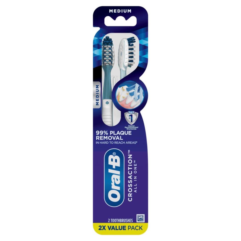 Oral-B CrossAction All-in-One Toothbrushes - Medium Bristles, Pack of 2 | Electric Toothbrush Replacement Heads for Deep Cleaning | Perfect for Travel & Daily Oral Care