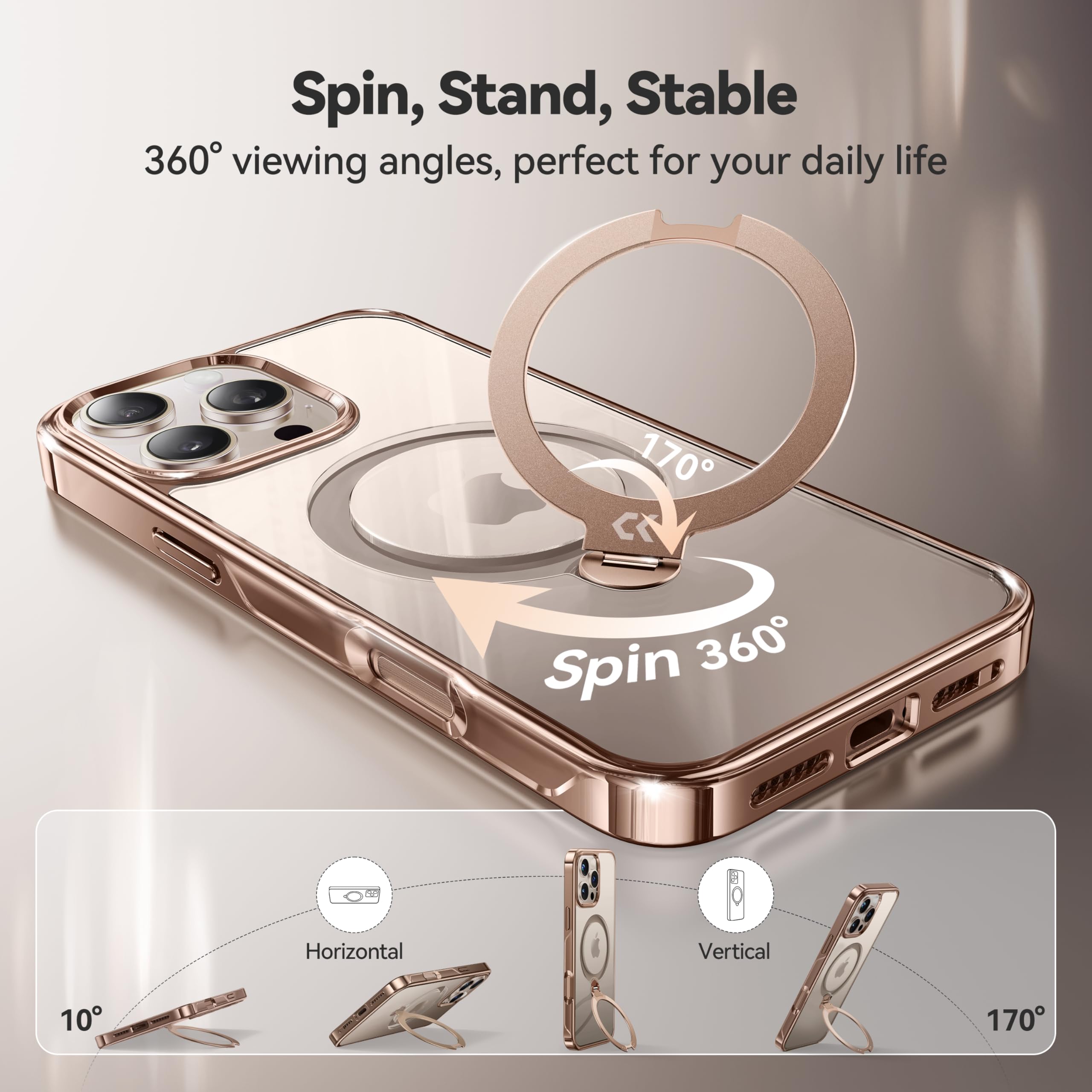 CASEKOO Titanium iPhone 16 Pro Max Case with 360° Magnetic Stand - Magsafe Compatible, 16FT Military Protection, Rose Gold - Perfect for Work, Travel & Everyday Use