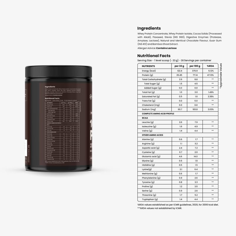 Healthifyme 100% Whey Protein Powder - 1 KG (2.2 lbs) | Whey Isolate & Concentrate Blend | 25.5g Protein per Serving | Digestive Enzymes Added | No Sugar, Preservatives | Muscle Recovery & Growth | Double Chocolate Flavor | Ideal for Post-Workout & Fitness Enthusiasts
