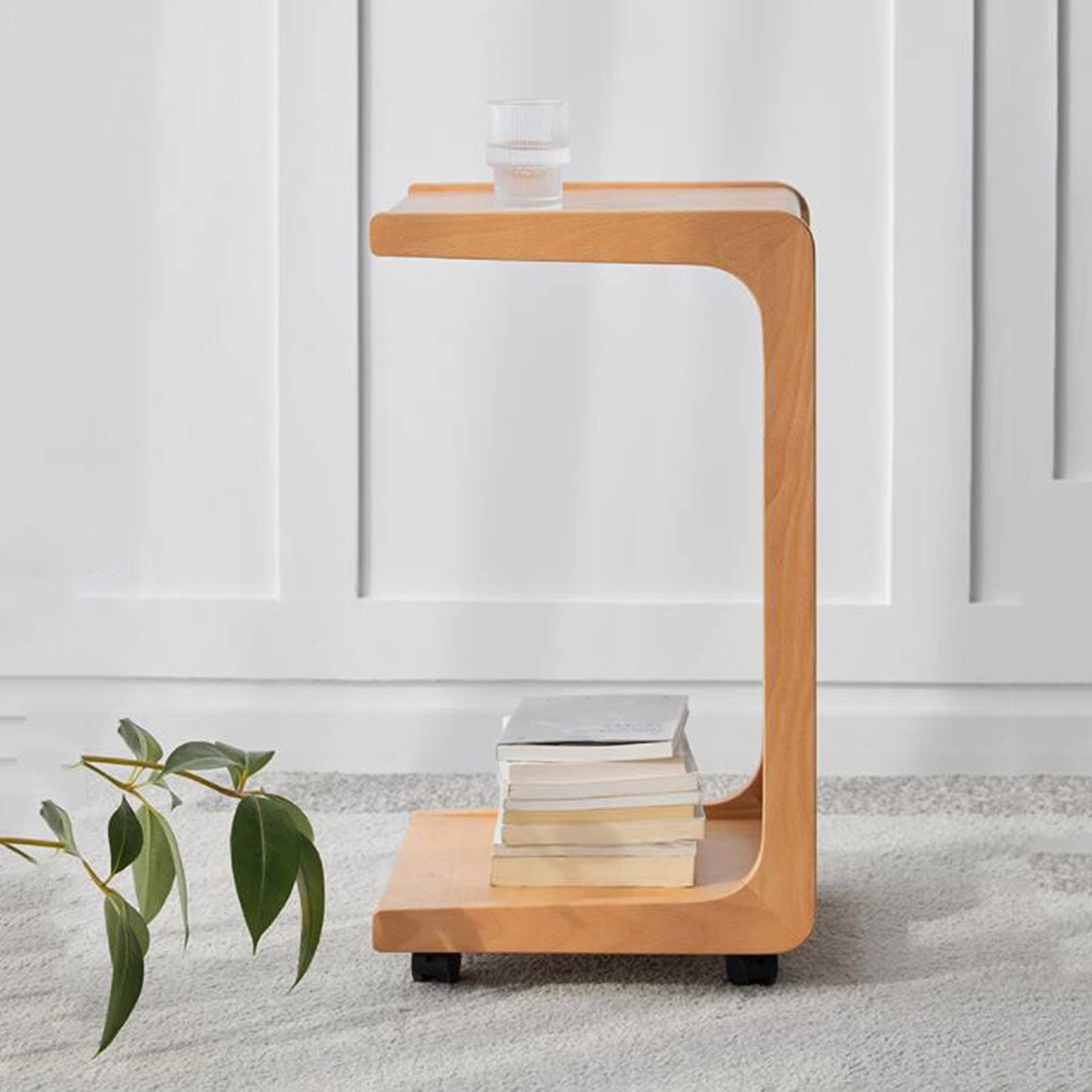 FUFU C-Shaped Side Table with Wheels - 2-Tier Wooden End Table for Sofa, Couch, Bed - Portable Snack Table for Living Room & Bedroom - Perfect for Small Spaces, TV Dinners, and Reading Nooks