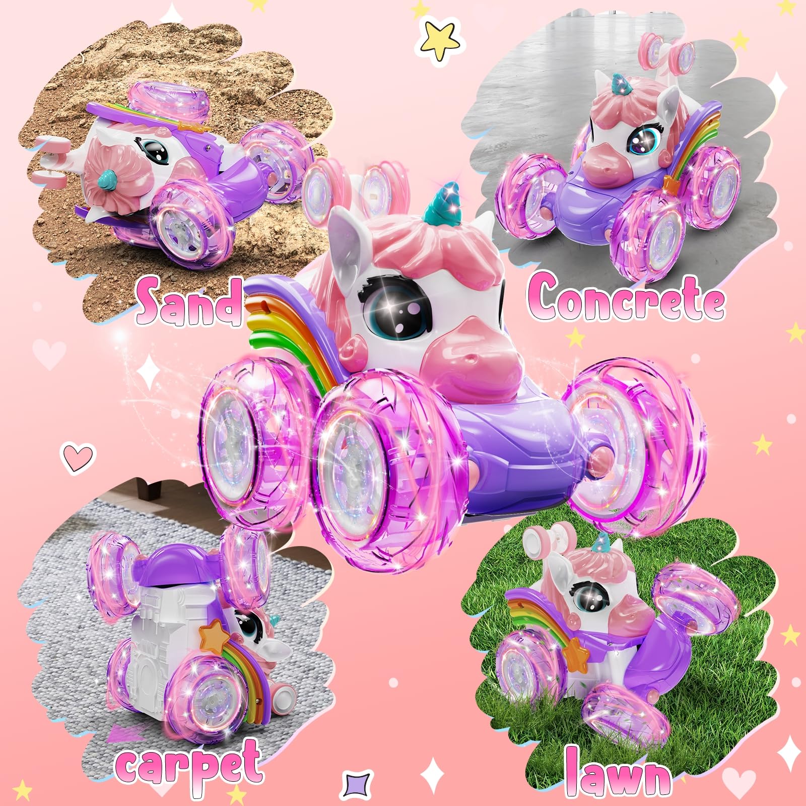Unicorn Remote Control Car for Girls - 360° Rotating 4WD Stunt RC Toy with LED Lights, Rechargeable Battery - Perfect Birthday Gift for Kids Ages 3-8 | Indoor & Outdoor Play, Party Favors, STEM Learning Toy