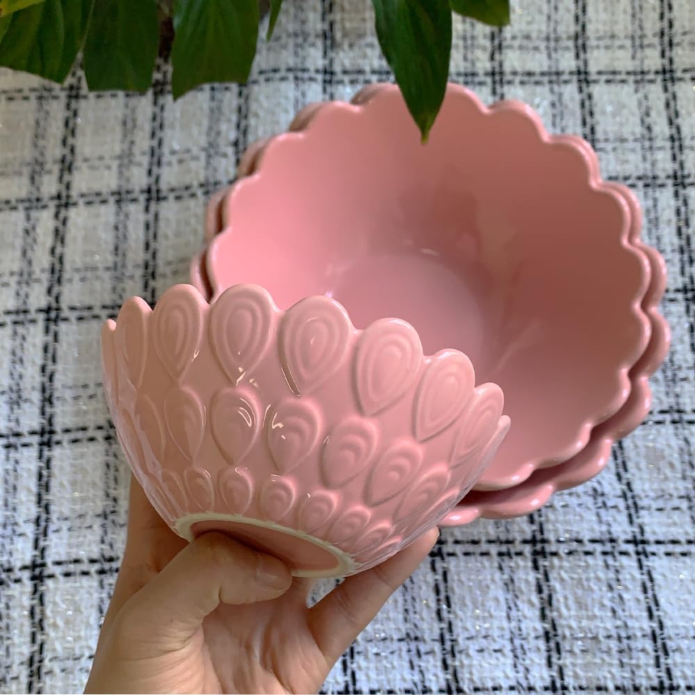 3-Piece Ceramic Nesting Bowls Set - Microwave & Dishwasher Safe Porcelain Serving Bowls for Noodles, Cereal, Oatmeal, Fruits, Rice | Perfect for Meal Prep, Salad, Snacks & Kitchen Organization (Pink)