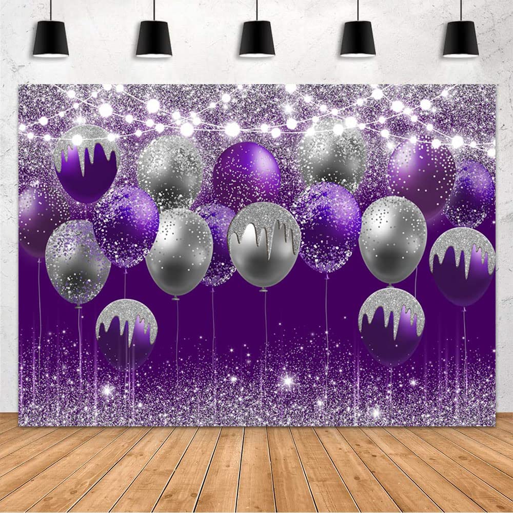 MEHOFOND 7x5ft Glitter Purple & Silver Balloon Photography Backdrop - Vinyl Background for Birthday, Wedding, Prom, Graduation Party Decor - Perfect for Cake Table, Photoshoot & Banner Displays