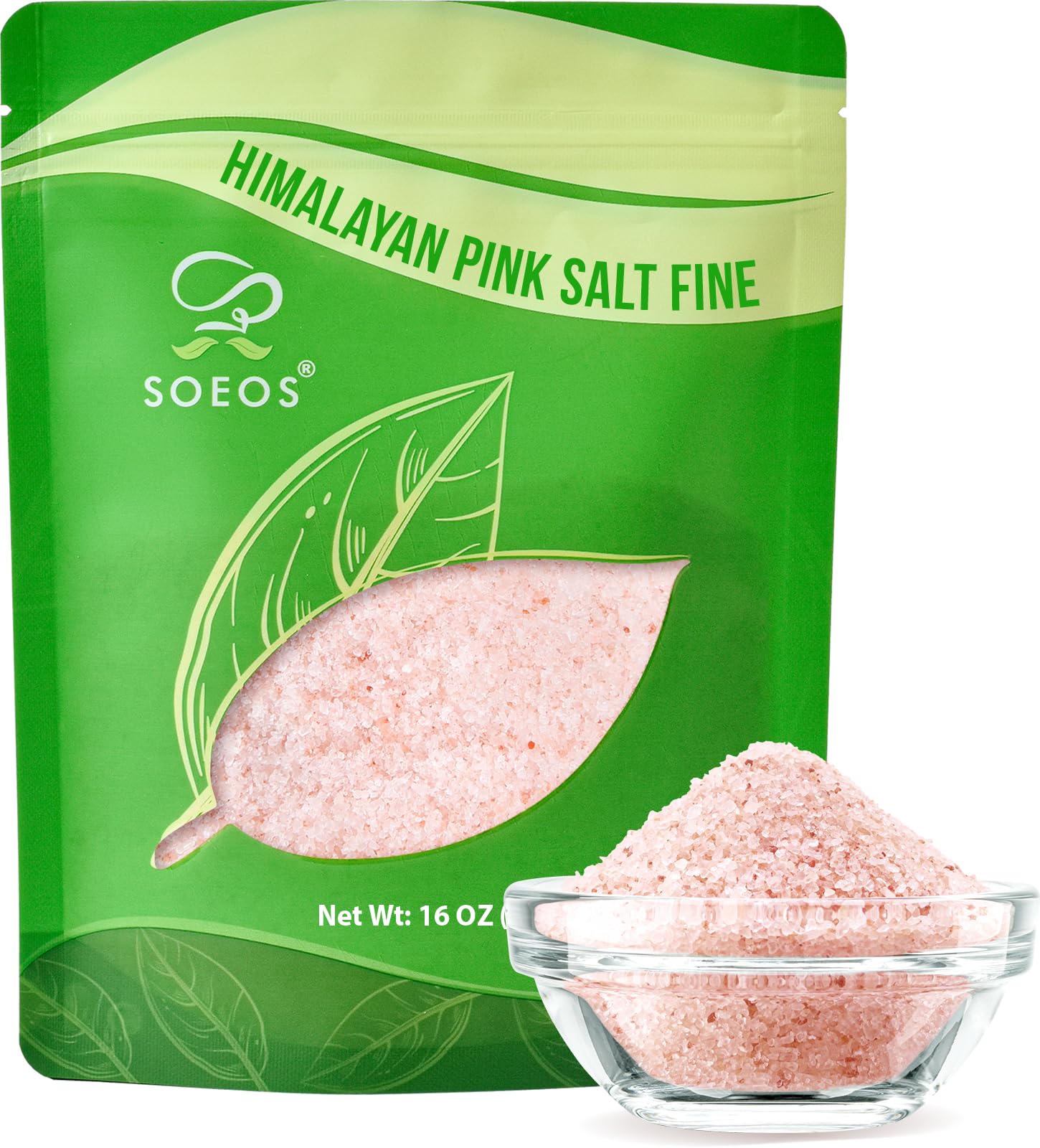 Soeos Himalayan Pink Salt - Fine Grain, 16 oz (1 Pound) - Natural, Non-GMO, Kosher Certified Sea Salt - Perfect for Cooking, Grinder Refill & Gourmet Recipes