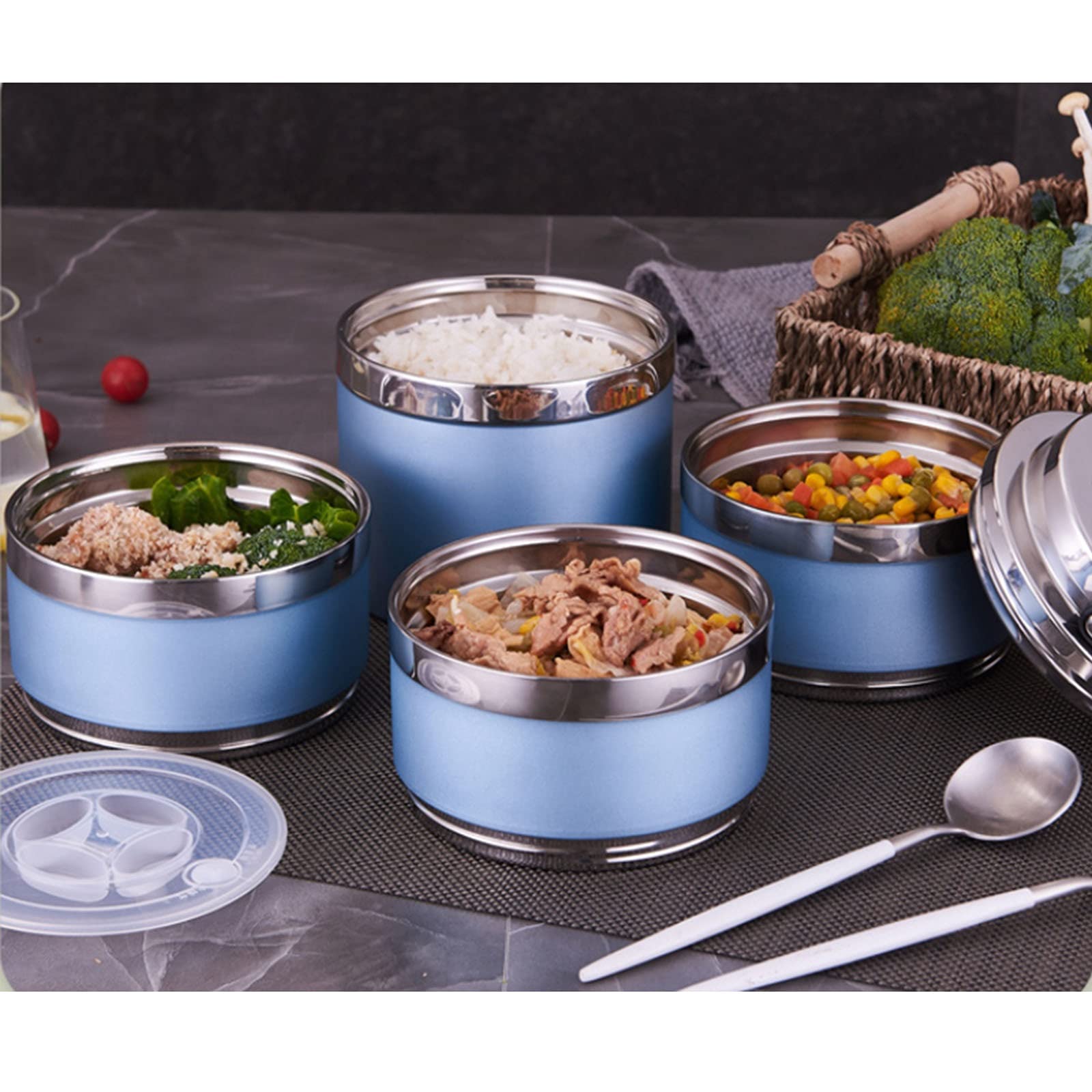 Stackable Stainless Steel Bento Box for Adults - 4-Tier Insulated Lunch Box with Thermos Compartment, Utensils & Carrying Bag (Blue) | Perfect for Office, School, Picnics & Outdoor Activities
