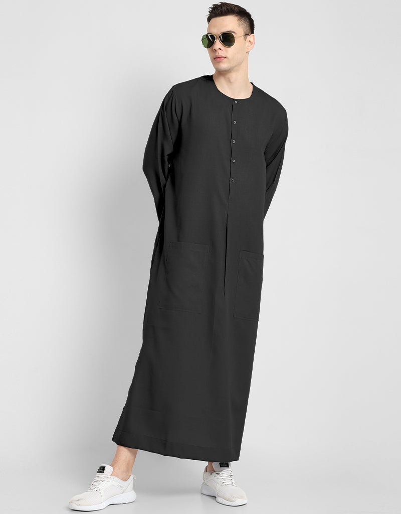 Premium Black Cotton Blend Thobes for Men - Plain Solid Design - Comfortable Workwear for Office, Prayer & Special Occasions