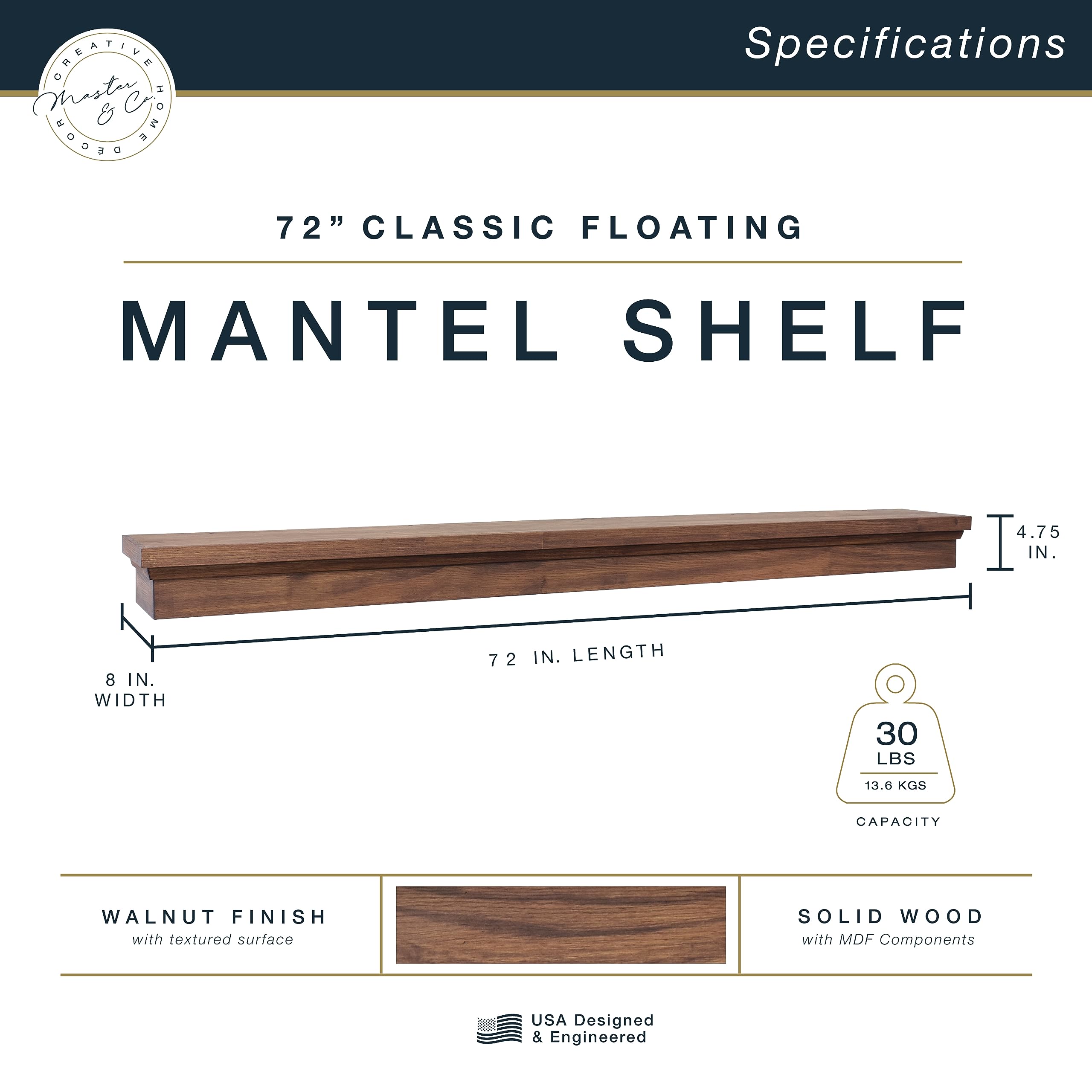72-Inch Solid Wood Floating Fireplace Mantel Shelf - Walnut Woodgrain Finish for Living Room Decor | Heavy Duty Hanging System | Perfect for Displaying Photos, Art & Home Decor | Rustic Wall Shelf for Fireplace Surround & Cozy Home Styling