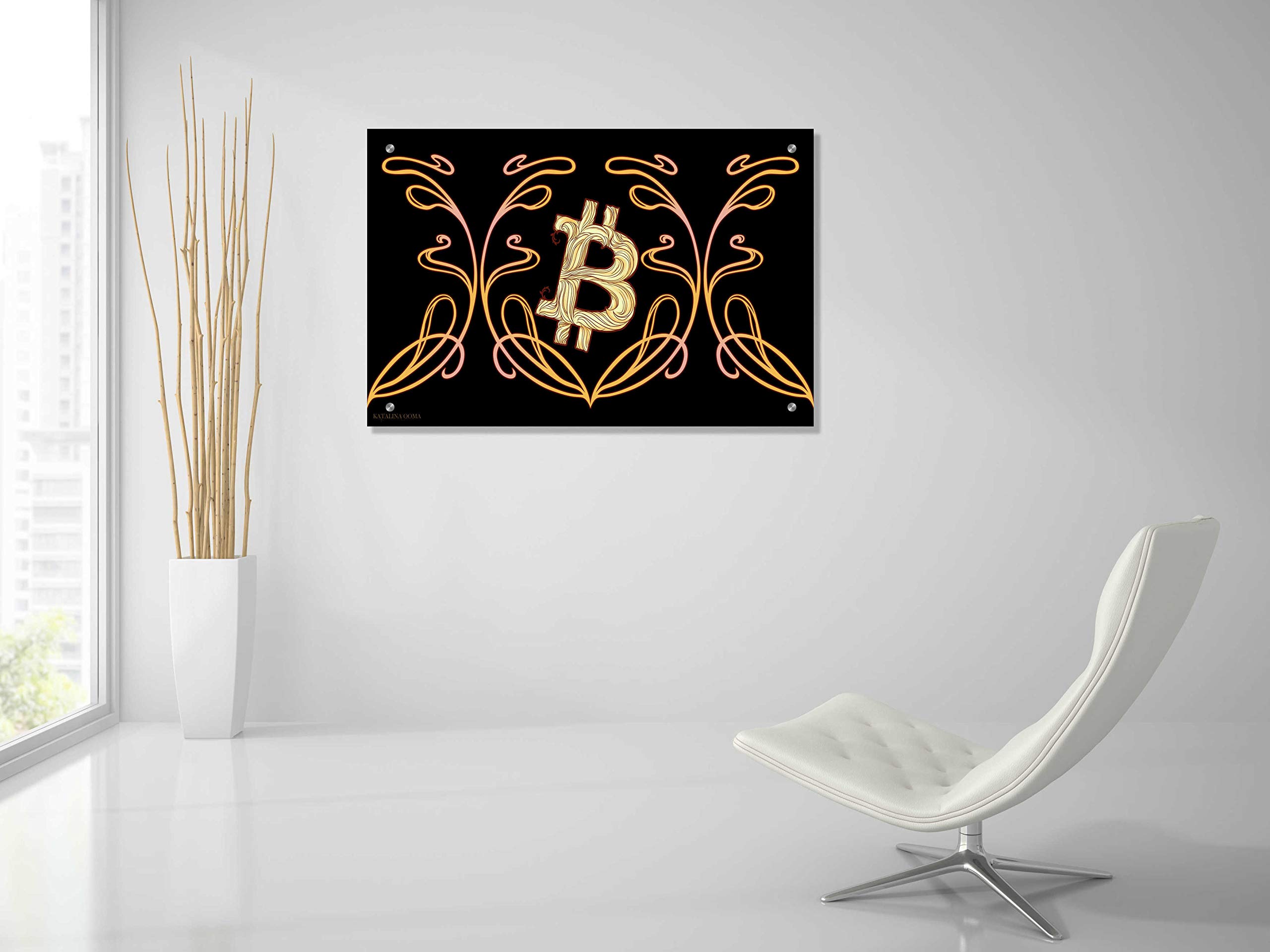 Epic Art Nouveau Bitcoin Gold Acrylic Glass Wall Art by Katalina - 36x24 Inches Modern Home Decor for Living Room, Office & Crypto Enthusiast Spaces