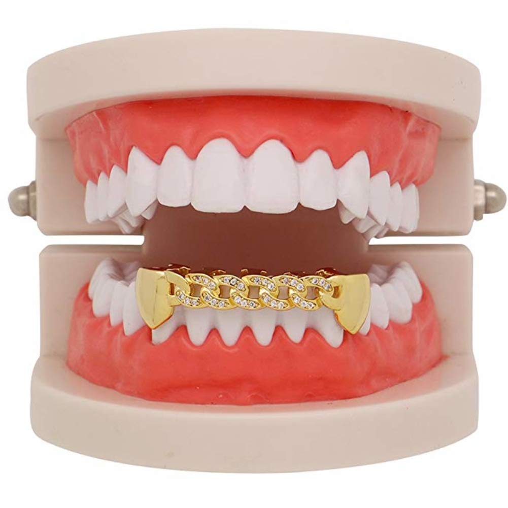14K Gold & Silver Cuban Chain Pave CZ Grillz Set - Top & Bottom Teeth Jewelry for Hip Hop Style | Perfect for Rappers, Performances & Special Events