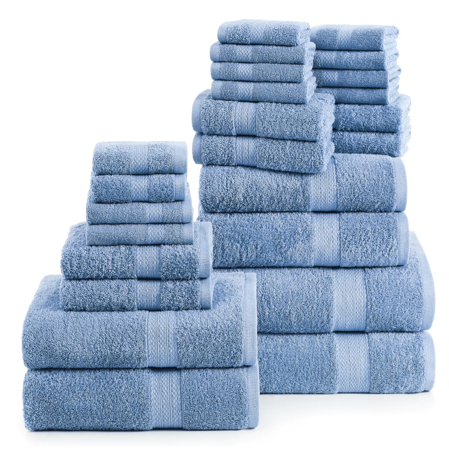 Premium 24-Piece Bath Towel Set by LANE LINEN - 100% Cotton Luxury Towels (2 Bath Sheets, 4 Bath Towels, 6 Hand Towels, 8 Washcloths, 4 Fingertip Towels) - Cerulean Blue - Perfect for Spa, Hotel, Guest Bathroom & Home Use