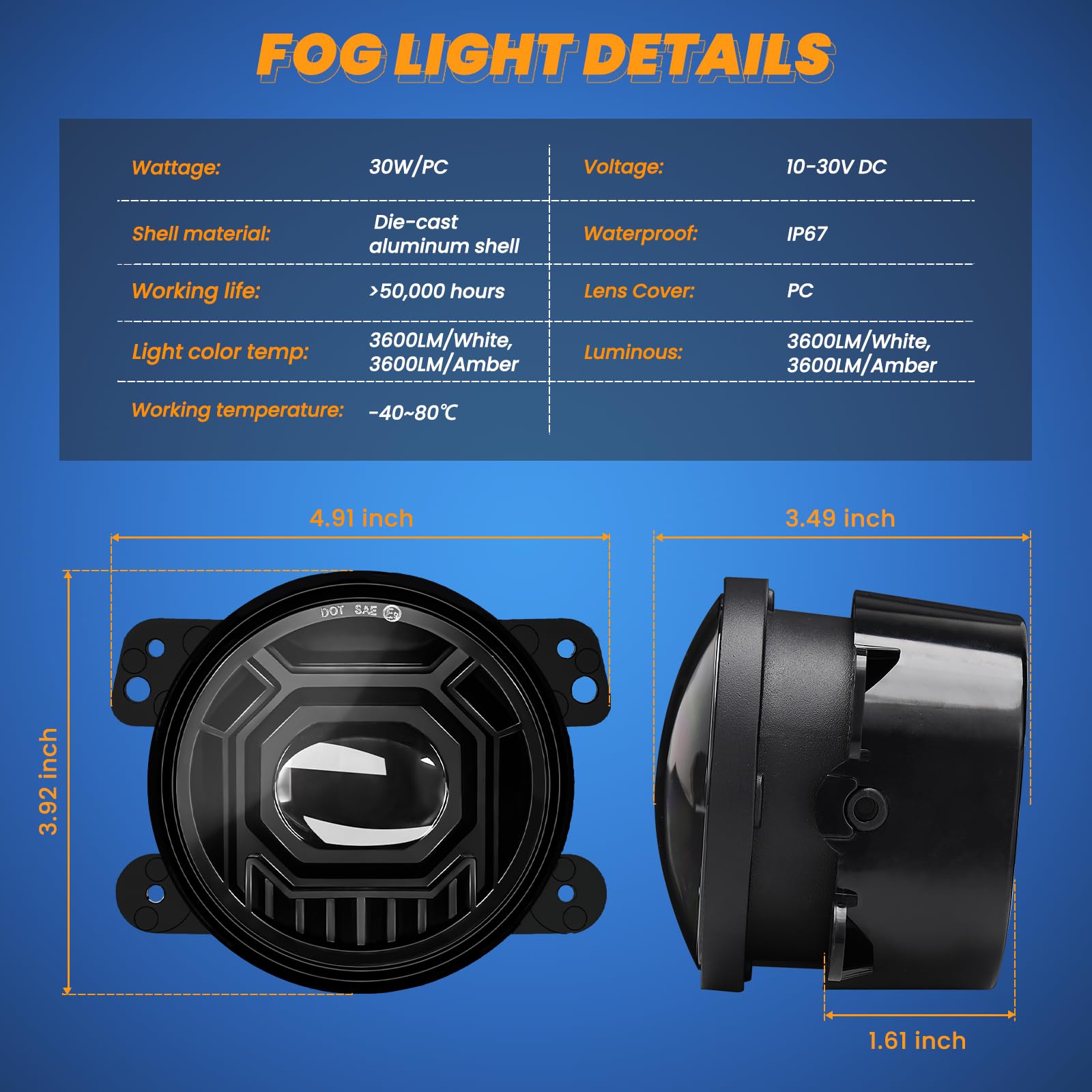 4 Inch Round LED Fog Lights for 2007-2024 Jeep Wrangler JK JKU JLU - 60W White/Amber Off-Road Lamps - DOT Approved Black Front Bumper Light Assembly - Perfect for Night Driving & Off-Road Adventures
