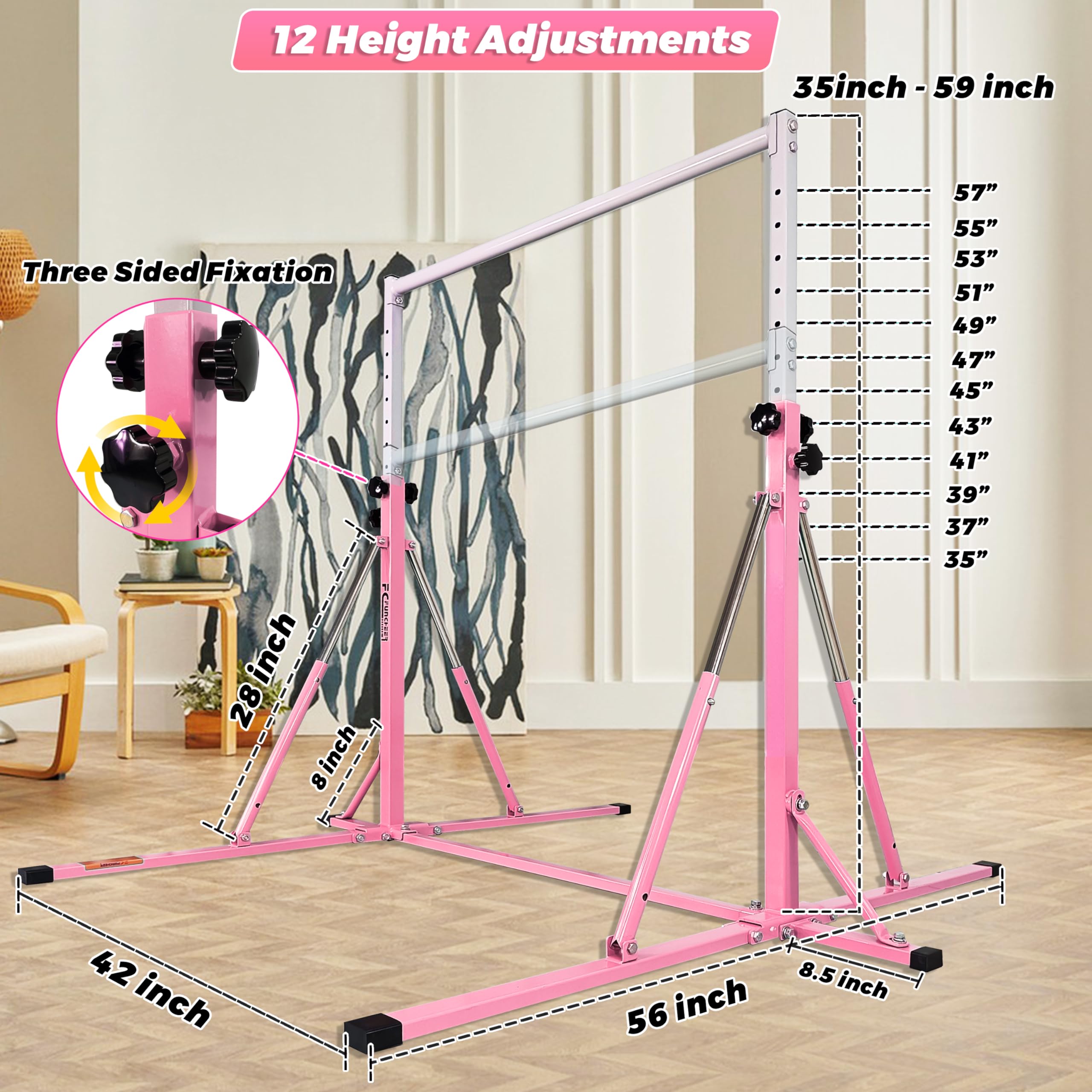 Foldable Gymnastics Bar for Kids - 5FT Adjustable Horizontal Training Bar with Triangle Stable Structure - Home Gym Equipment for Ages 3-15 - Perfect for Indoor Gymnastics Practice, Strength Training & Playtime