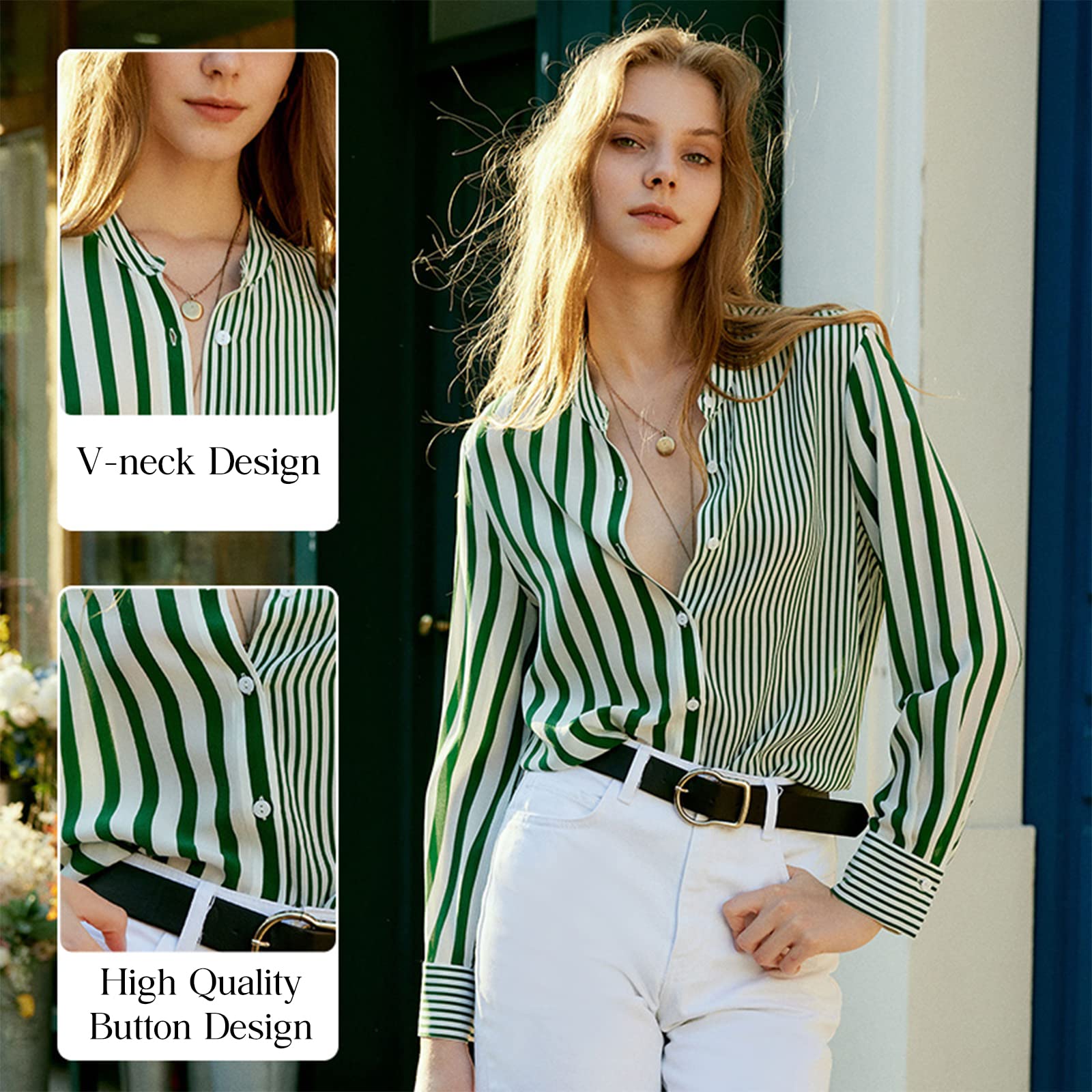 COLD POSH Women's 100% Pure Silk Blouse - Long Sleeve Button Down Shirt for Spring & Summer | Elegant Soft Classic Fit Work & Casual Tops | White & Green Striped | Perfect for Office Wear, Business Meetings & Special Occasions