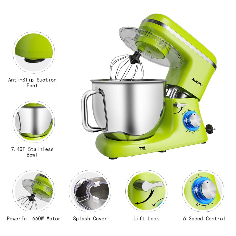 Aucma 7.4QT Stand Mixer - 6-Speed Tilt-Head Electric Kitchen Mixer with Dough Hook, Wire Whip & Beater (Green) | Perfect for Baking Cakes, Cookies, Bread & More
