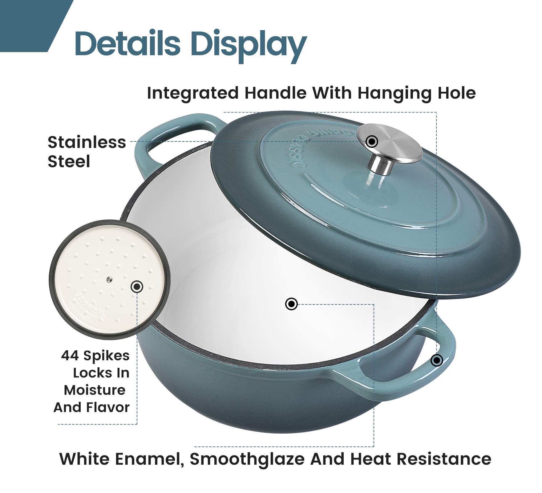 Premium 5.5 Quart Enameled Cast Iron Dutch Oven with Dual Handles - Slate Blue - Perfect for Braising, Stewing, Baking & Slow Cooking Soups