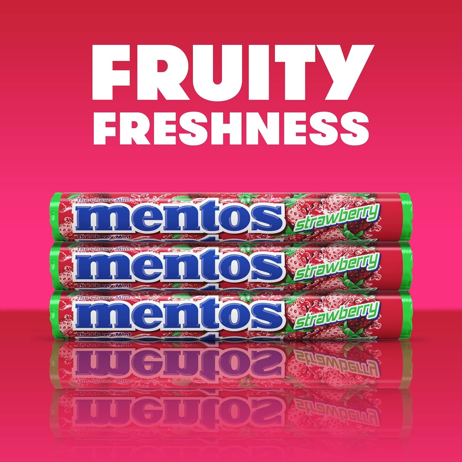 Mentos Chewy Mint Candy Roll - Strawberry Flavor, Non-Melting, 14 Count (Pack of 15) - Perfect for Parties, Office Snacks & On-the-Go Treats