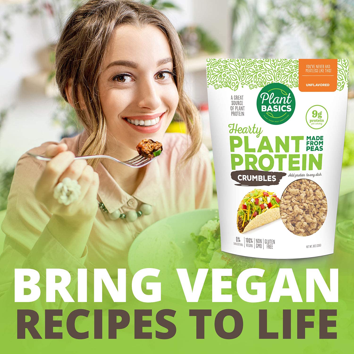 Hearty Plant Protein Crumbles - Unflavored, 8 oz (Pack of 6) | Pea-Based, Non-GMO, Gluten-Free, Low Fat & Sodium | Vegan Meat Substitute for Burgers, Tacos & Pasta Dishes