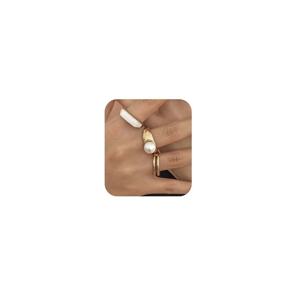 Boho Knuckle Rings Set for Women - 3PCS Chunky Dome Rings with Vintage Simulated Pearls, Stackable Midi Rings & Golden Band Rings | Perfect for Layering, Everyday Wear & Festival Outfits