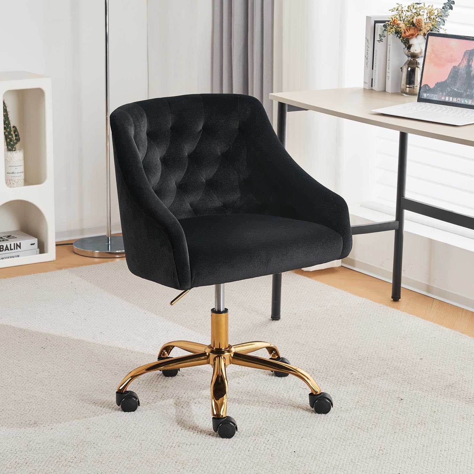 MOJAY Velvet Office Swivel Chair - Adjustable Height 360° Rotating Desk Chair with Gold Base, Luxurious Fabric Upholstery for Women's Workspace, Reception Area or Home Office (Black) - Perfect for Working, Studying & Video Conferencing