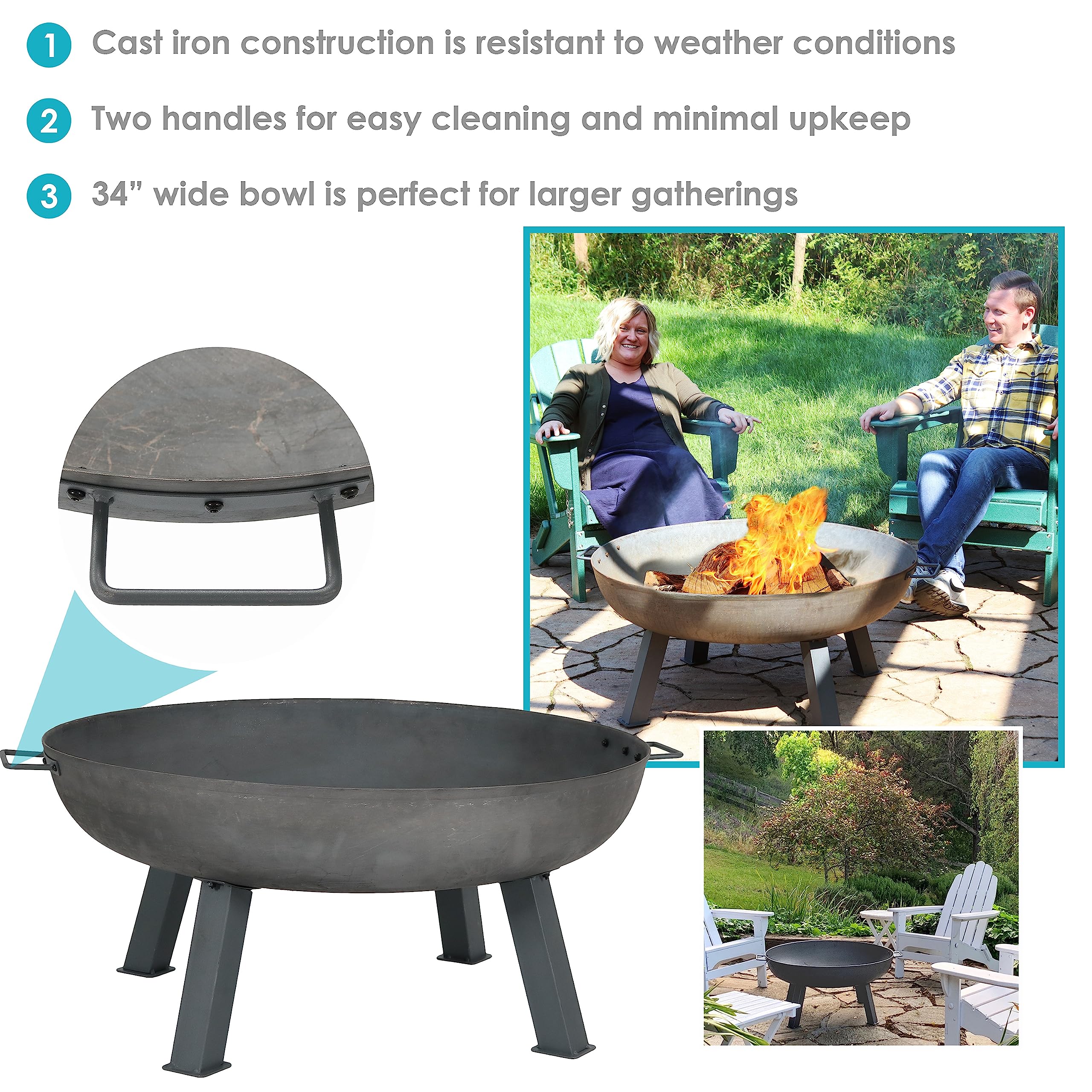 34-Inch Heavy-Duty Cast Iron Wood Burning Fire Pit for Outdoor Use - Rust-Resistant Steel Finish with Handles - Perfect for Backyard, Patio, Camping and Bonfire Nights