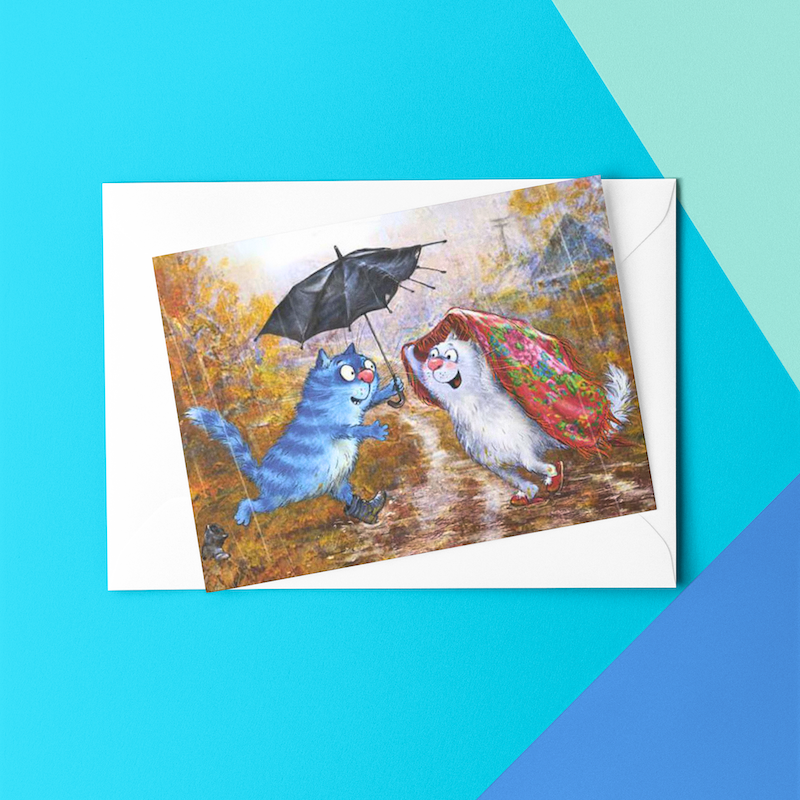 Funny Cat Greeting Card 'Old Umbrella' by Rina Zeniuk - Perfect for Cat Lovers, Birthday Gifts & Humorous Occasions