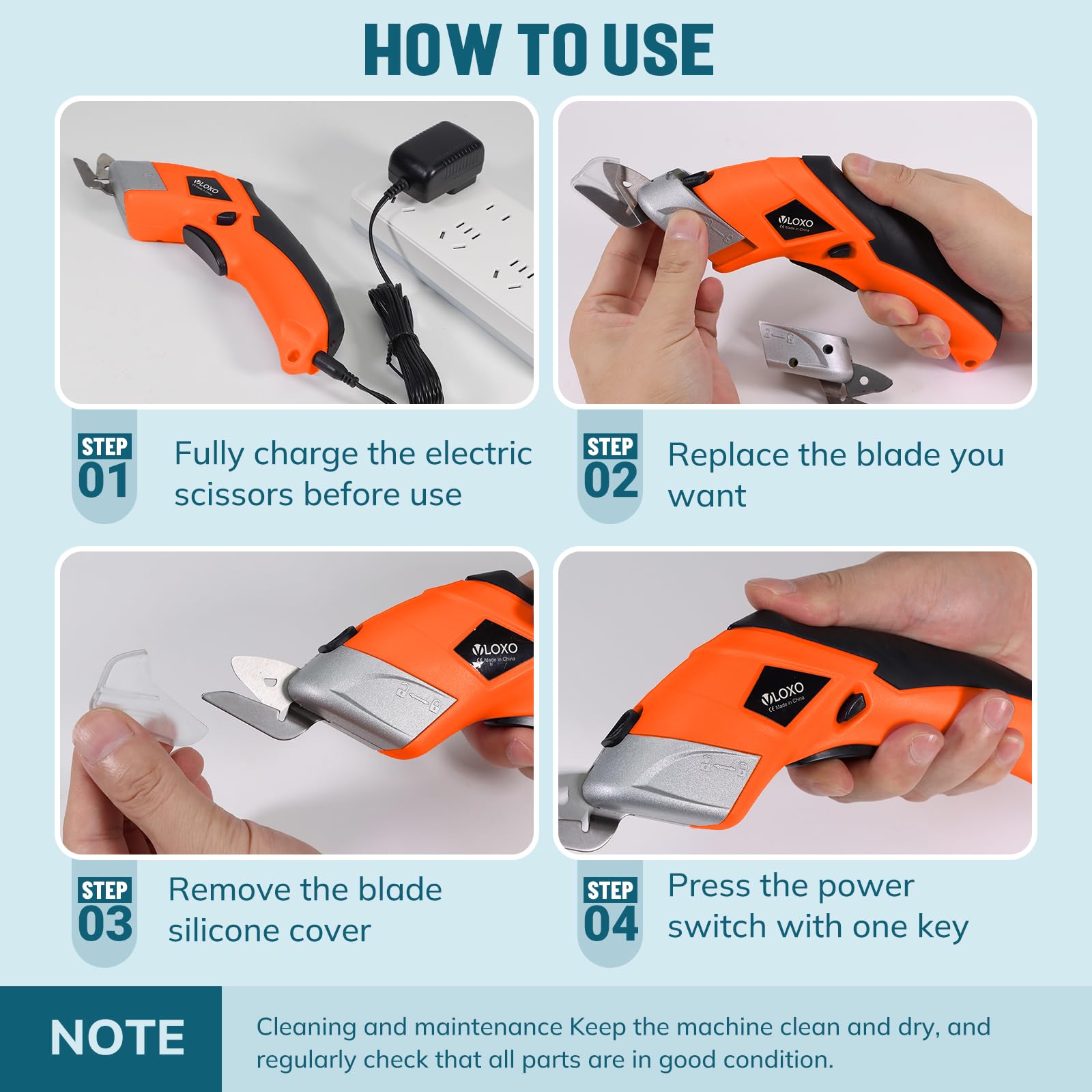 VLOXO Rechargeable Cordless Electric Scissors - Powerful Fabric Cutter for Leather, Cardboard, Carpet, Plastic & Felt | Includes Blades & Storage Case | Perfect for DIY Crafts, Home Improvement & Packaging (Orange)