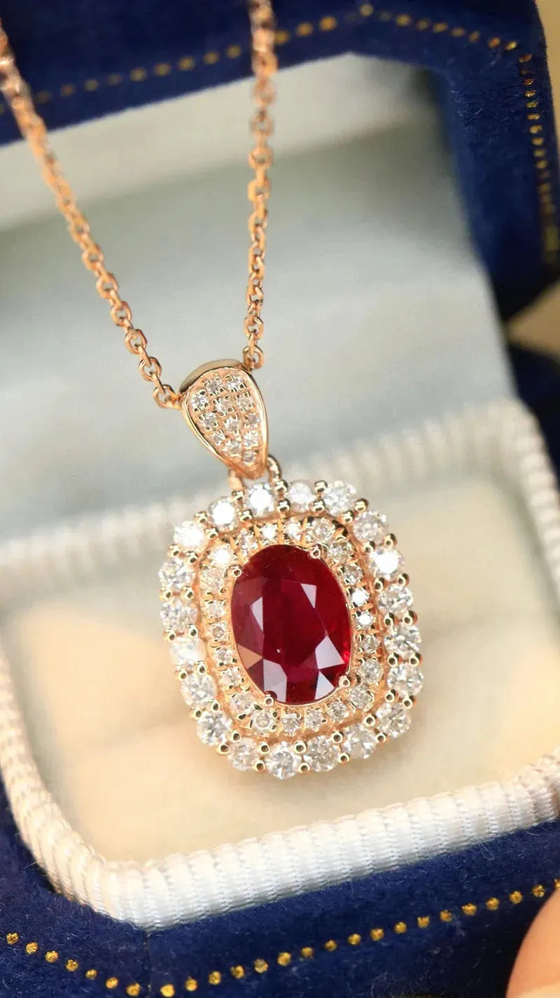 18K Rose Gold Necklace with Real Natural Ruby & Diamond - Elegant Shiny Women's Jewelry for Party, Wedding, Anniversary & Special Occasion Gifts