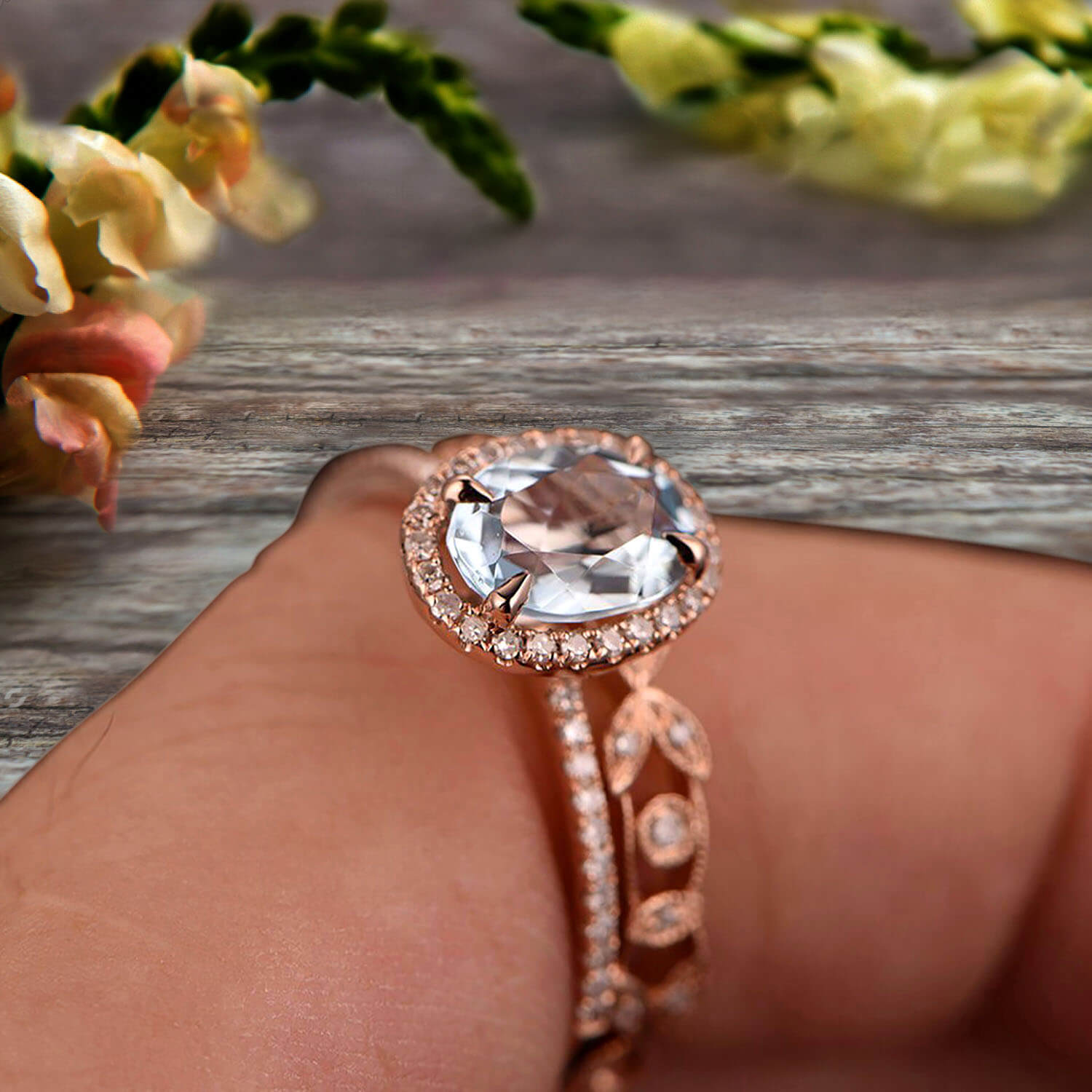 2 Carat Oval Cut Blue Aquamarine Engagement Ring Set with Floral Leaf Moissanite Diamond Wedding Band - 10k Rose Gold Halo Bridal Ring Set for Wedding, Proposal & Anniversary Gifts
